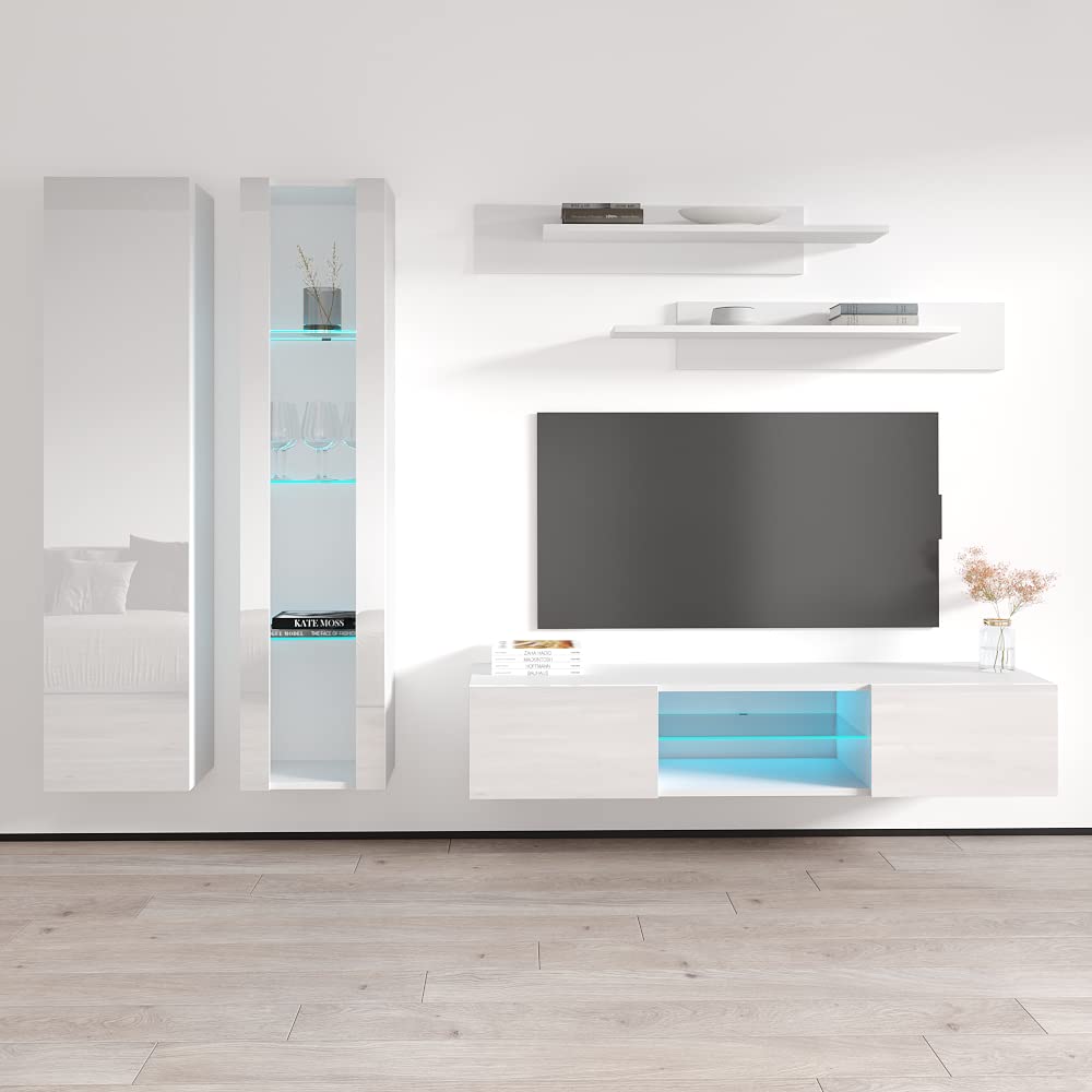 Modern White Wall-Mounted TV Stand with Storage Shelves & LED Lights - Floating Entertainment Center Console for Bedroom & Living Room - Perfect for Small Spaces & Home Theater Setups - Meble Furniture Fly A4 33TV Stand