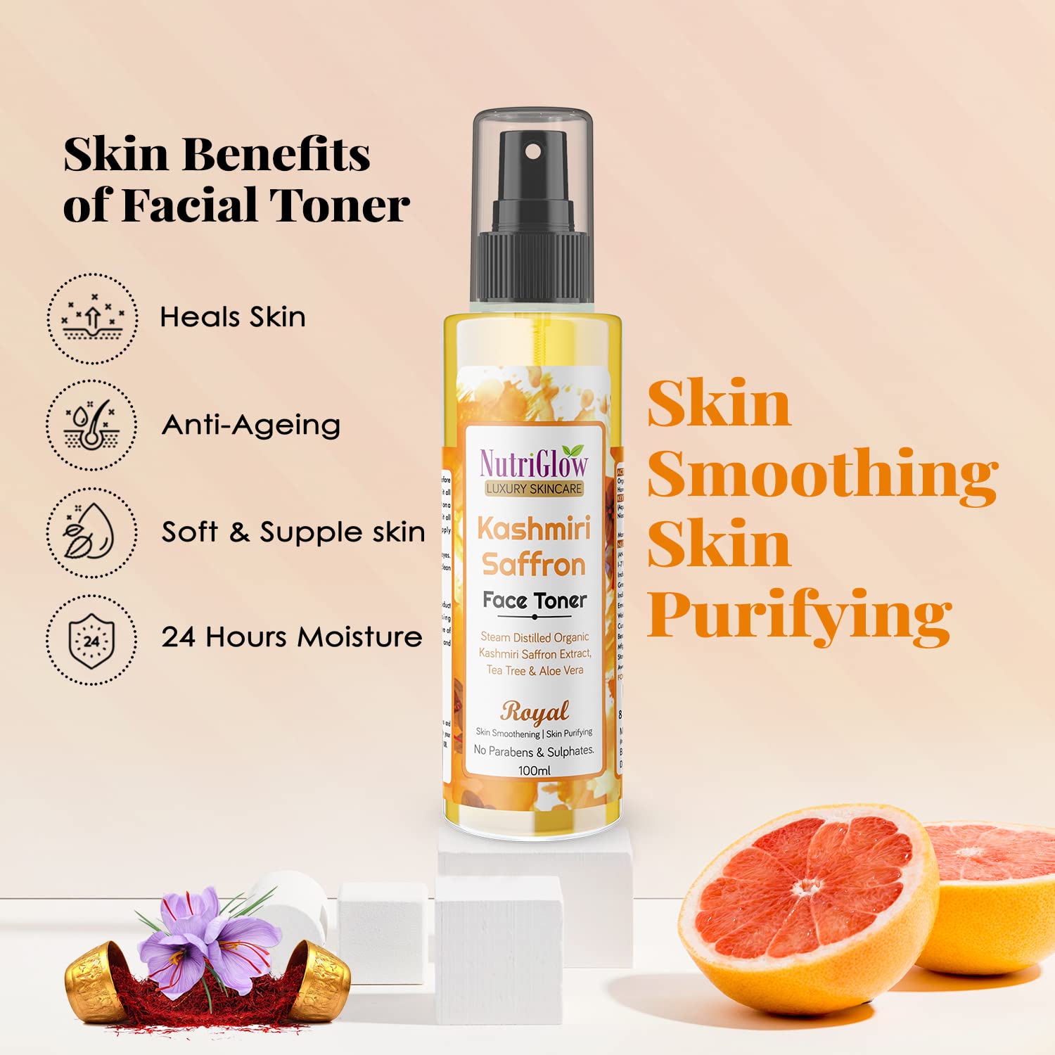 NutriGlow Luxury Skincare Kashmiri Saffron Face Toner with Aloe Vera & SPF 50 PA+++ | pH Balancing, Brightening, Blemish Treatment | 100ml (Pack of 2) | Perfect for Daily Hydration & Sun Protection