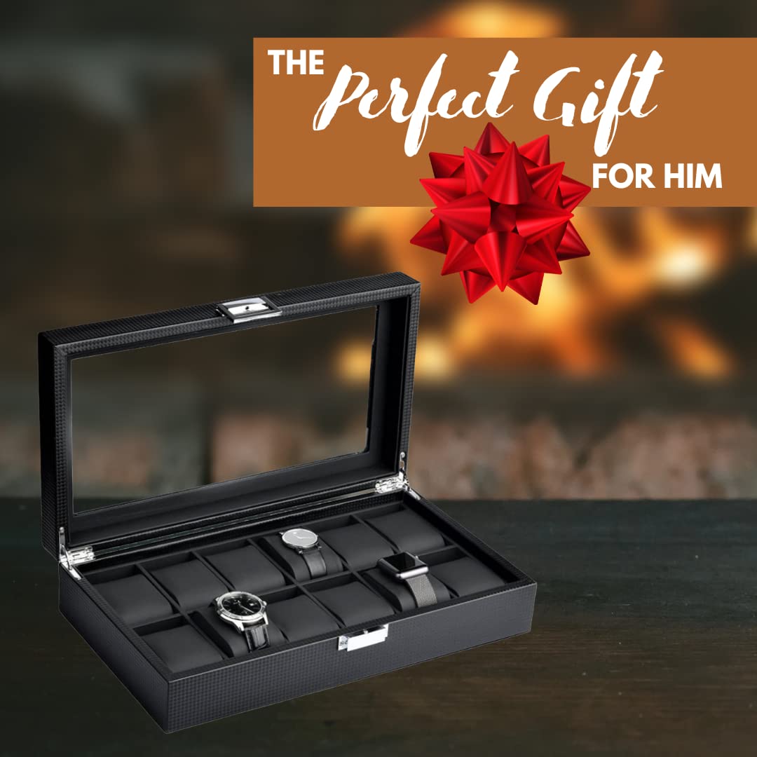 Premium 12-Slot Watch Box for Men - Large Glass Top Watch Case Organizer - Luxury Watch Storage Display (Black) - Perfect for Watch Collectors & Gift Giving
