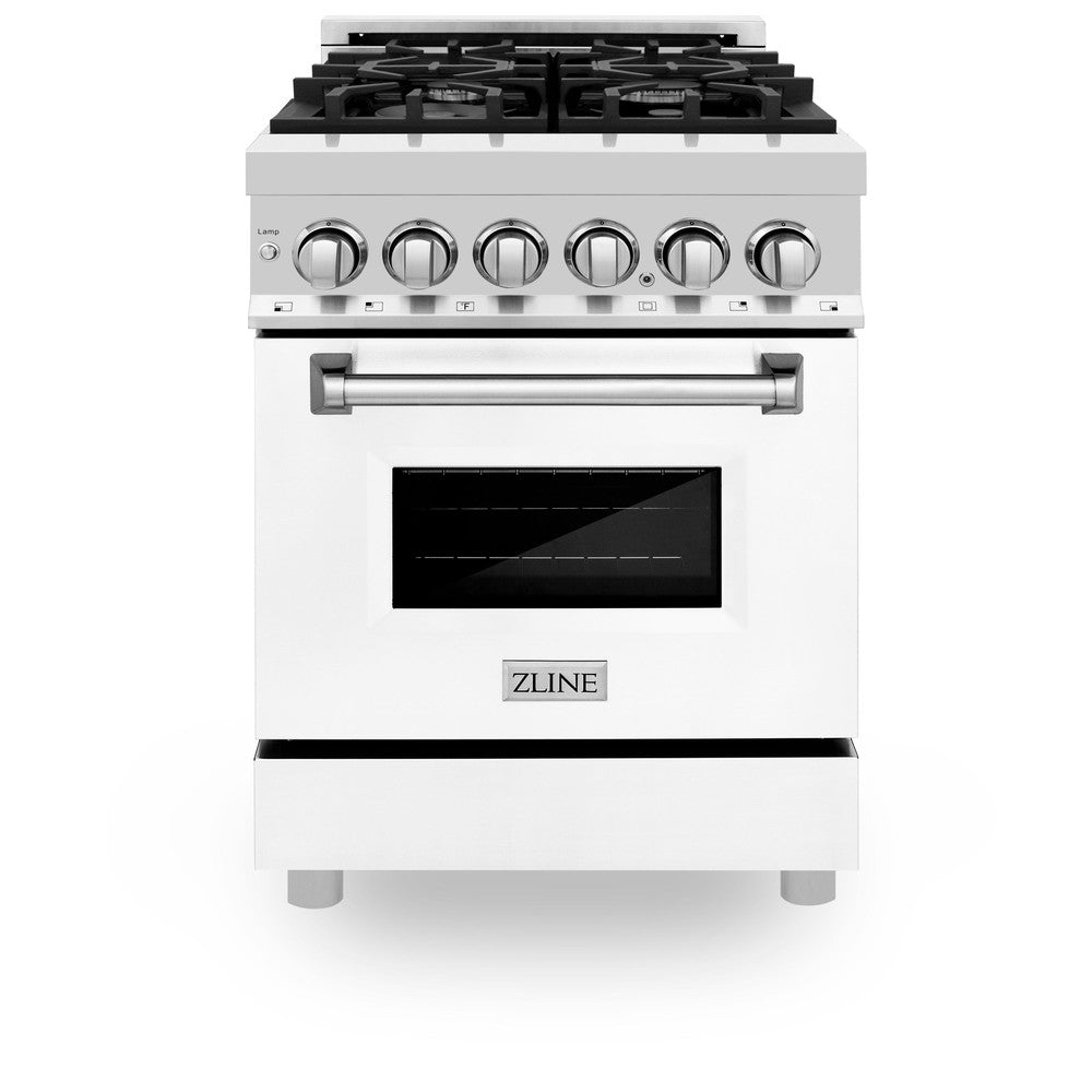 ZLINE 24-inch 2.8 cu.ft Stainless Steel Dual Fuel Range - 4 Burner Gas Cooktop & Electric Convection Oven with White Matte Door (RA WM 24) | Perfect for Modern Kitchens & Professional Cooking