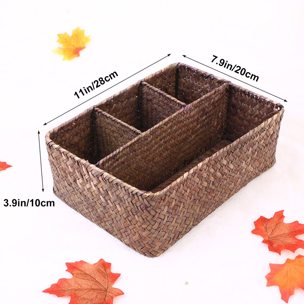 Stackable Wicker Makeup Organizer Drawer with Lid - Rectangular Seagrass Storage Baskets for Cosmetics | Desktop Woven Box for Beauty Products & Office Supplies