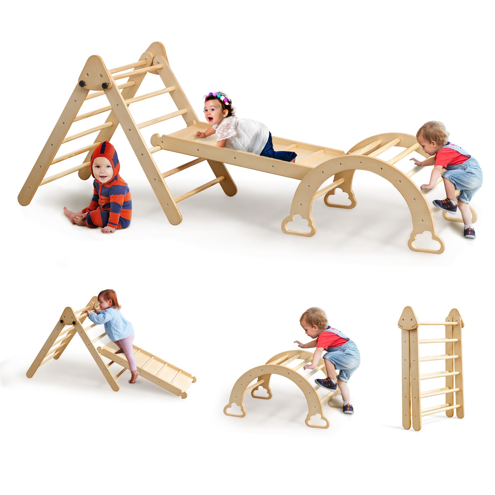MOOITZ 5-in-1 Pikler Triangle Climber Set - Montessori Foldable Wooden Climbing Toys for Toddlers 1-3 Years - Includes Climbing Ramp, Arch Climber, Rocker & Slide - Perfect Indoor Play Gym for Kids' Physical Development & Motor Skills