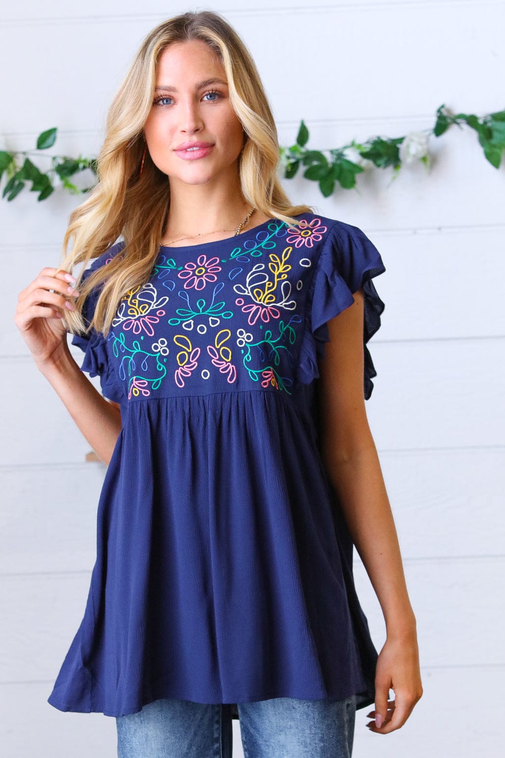 Navy Blue Floral Embroidered Flutter Sleeve Blouse for Women - Elegant Boho Chic Tunic Top for Casual Wear, Date Night & Summer Outfits