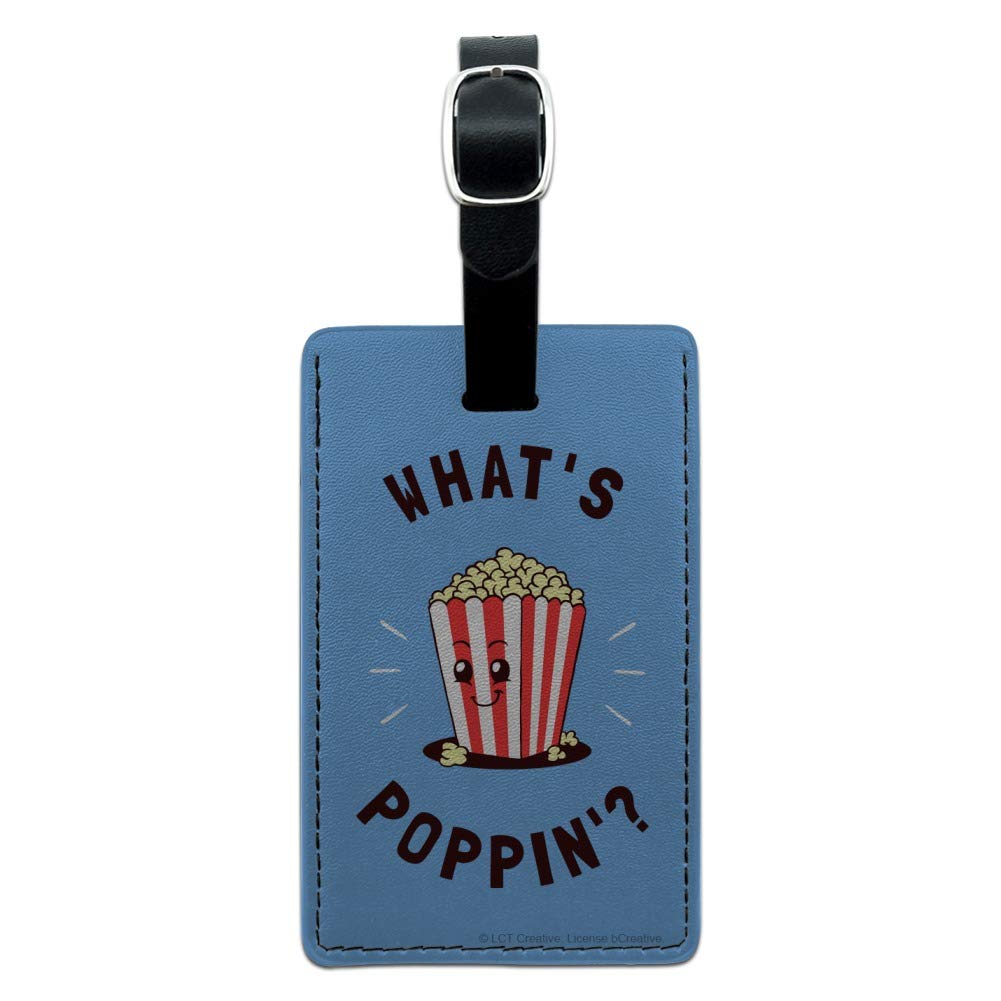 Funny Humor Rectangle Leather Luggage Tag - What's Poppin Popcorn Design - Perfect for Travel Bags, Suitcases & Backpacks - Durable ID Card Holder for Airports & Vacations