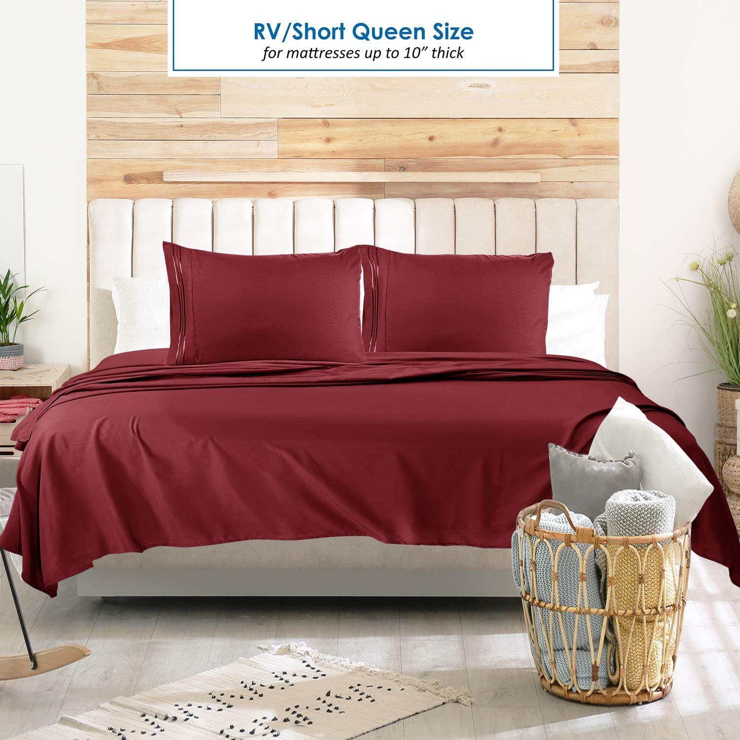 Clara Clark RV Queen Sheets Set - 4-Piece 1800 Microfiber Bedding with Deep Pockets | Cool, Breathable Short Queen Sheets for Campers & Travel Trailers | Burgundy Color | Perfect for RV Beds, Camping Trips & Mobile Homes