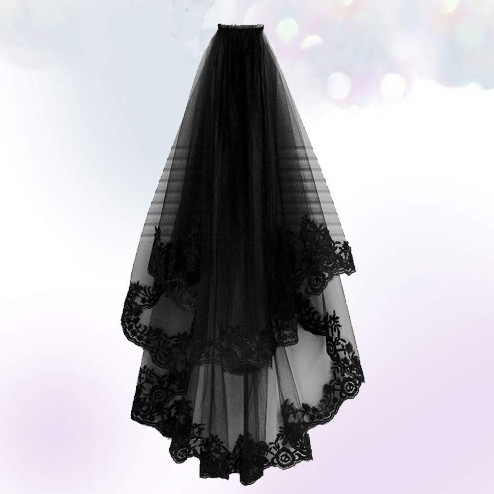 Gothic Cathedral Wedding Veil with Black Lace & Ribbon Border - Elegant Bridal Accessory for Halloween Costume, Studio Decor & Wedding Photography