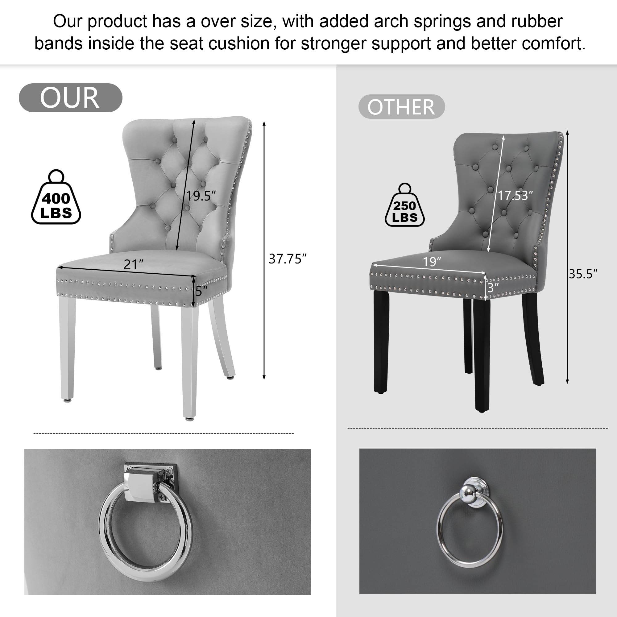 Luxury Velvet Dining Chairs Set of 2 - Tufted Upholstered Armchairs with Stainless Steel Legs & Pull Ring Trim, Light Grey - Perfect for Modern Dining Room, Kitchen, Restaurant & Home Decor