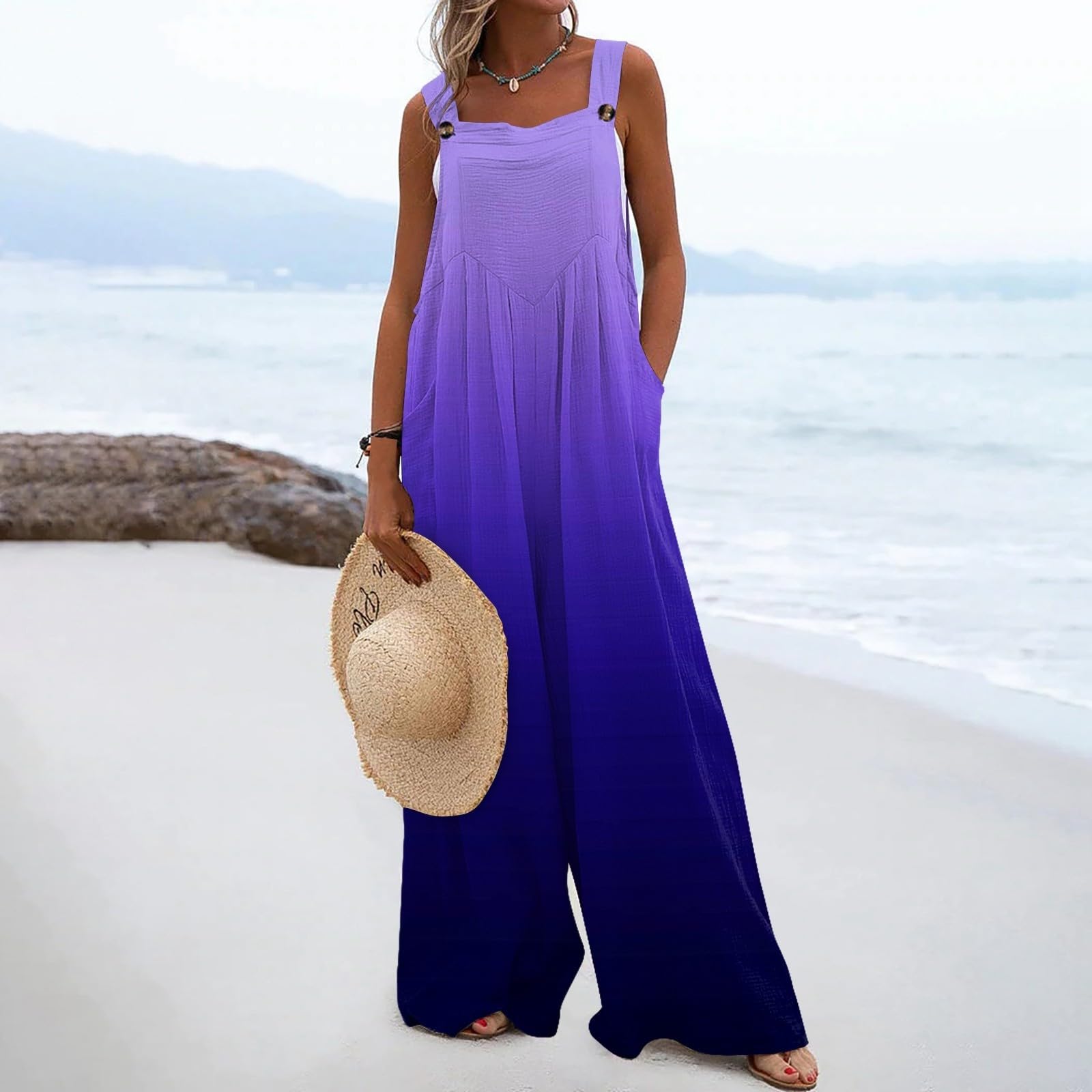 Women's Wide Leg Overalls - Casual Sleeveless Jumpsuit with Pockets for Summer Outings
