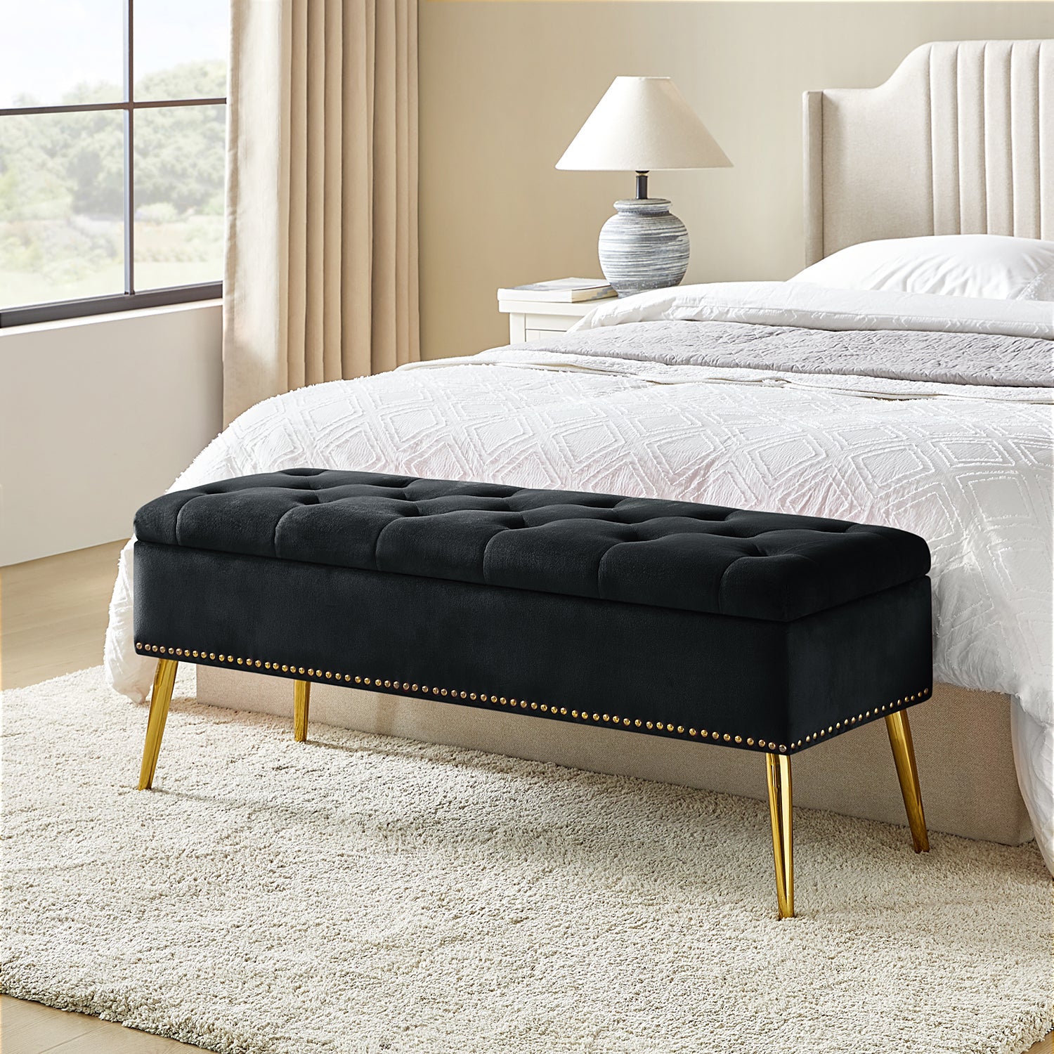Lenore Upholstered Storage Bench with Cushion Seat - Modern Upholstered Ottoman for Bedroom, Living Room & Entryway - Multi-Functional Storage Furniture for Home Organization