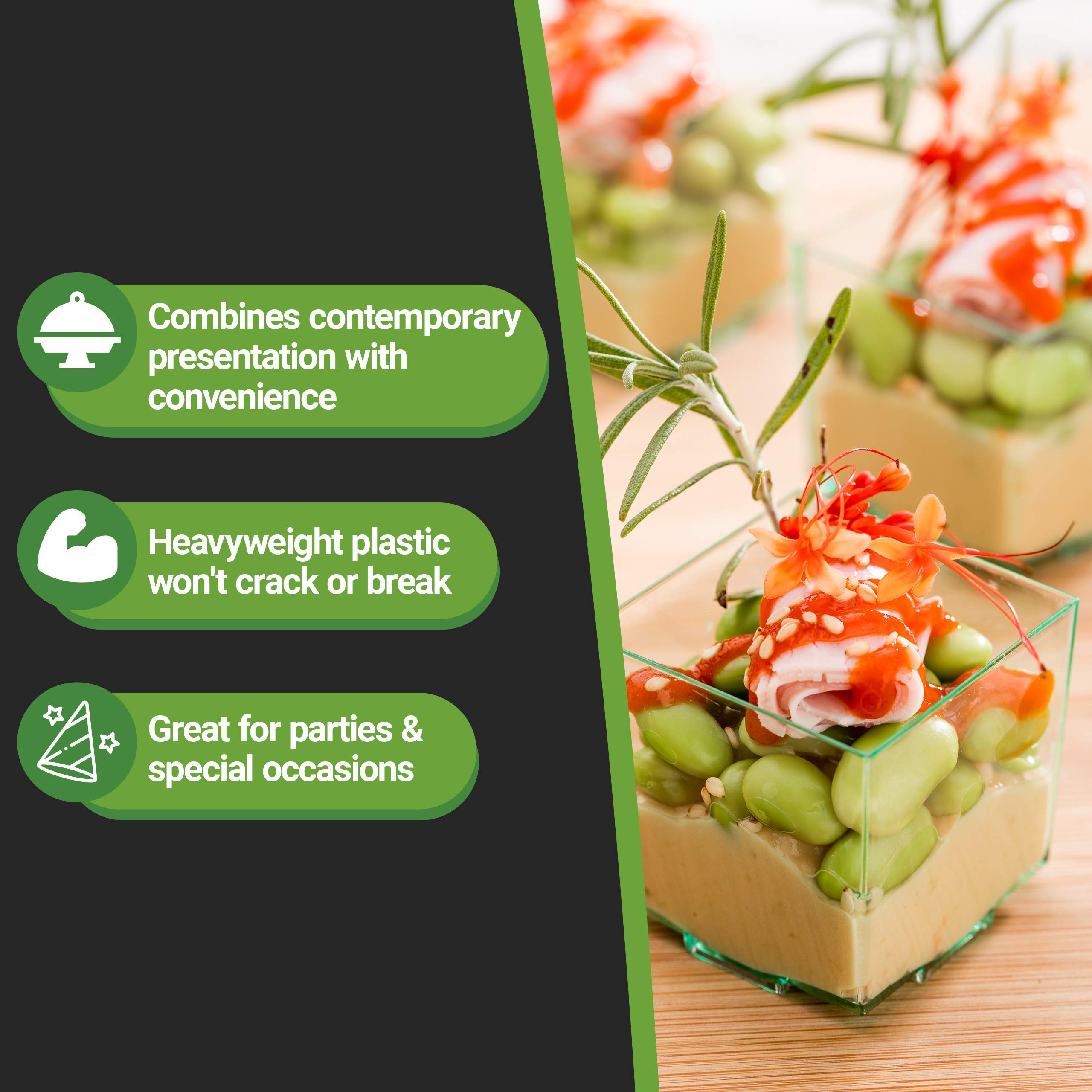 Restaurantware 3oz Mini Dessert Cups - 100-Pack Square Small Appetizer Disposable Plastic Parfait Cups for Puddings, Snacks & Samples | Heavy-Duty Seagreen Color | Perfect for Weddings, Parties, Catering & Events