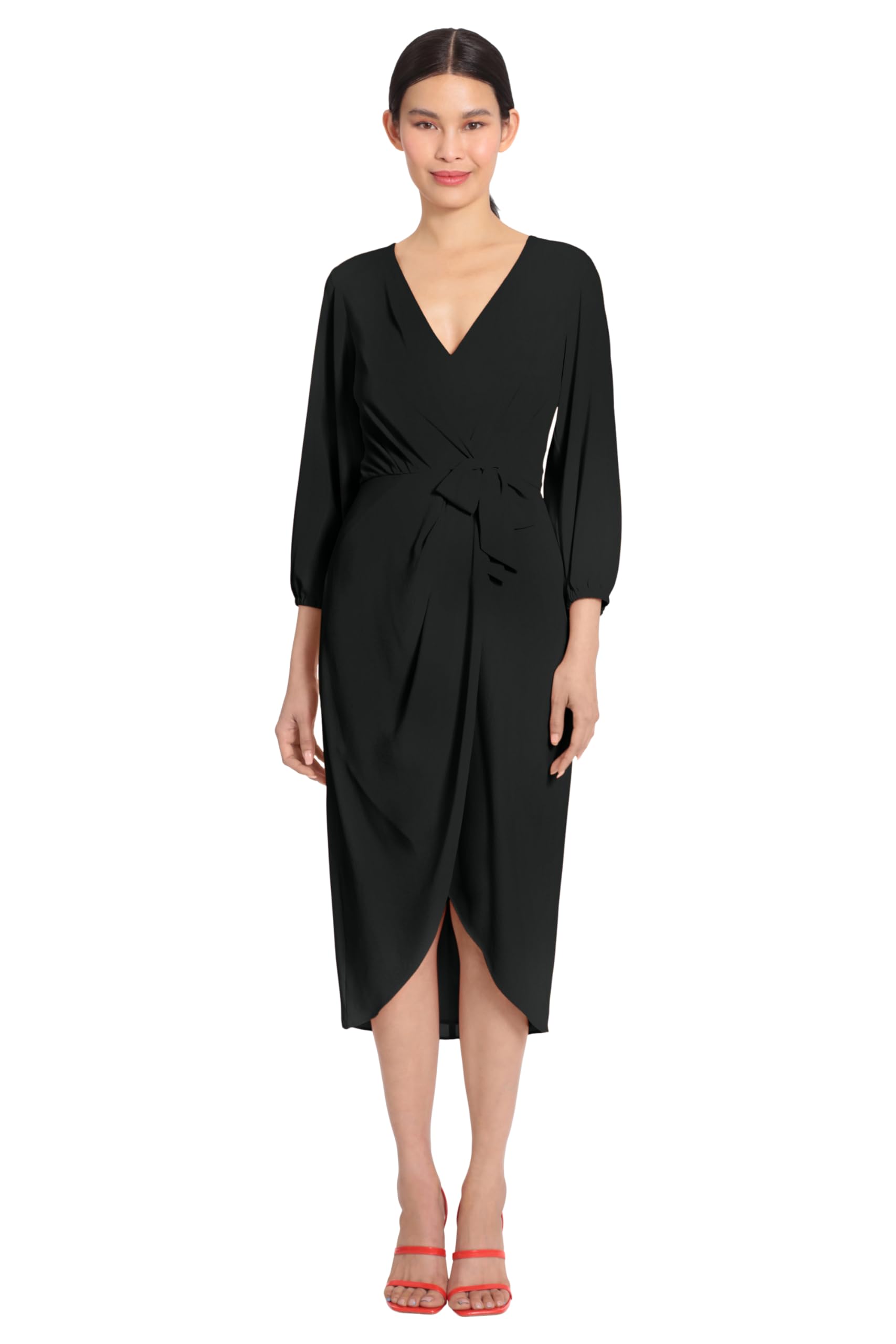 Maggy London Women's Long Sleeve V-Neck Faux Wrap Crepe Dress for Wedding Guest, Cocktail Party & Special Occasions - Elegant Formal Event Wear