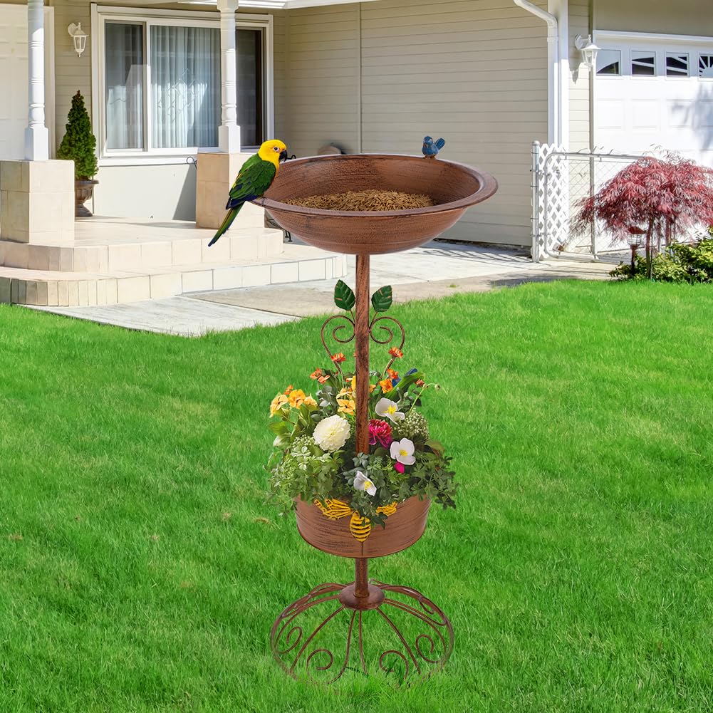 VEWOGARDEN 28 Inch Outdoor Metal Bird Bath Planter Pedestal - Decorative Garden Standing Birdbath with Flower Pot for Patio, Yard, Lawn & Backyard Decor - Attracts Birds & Enhances Outdoor Spaces
