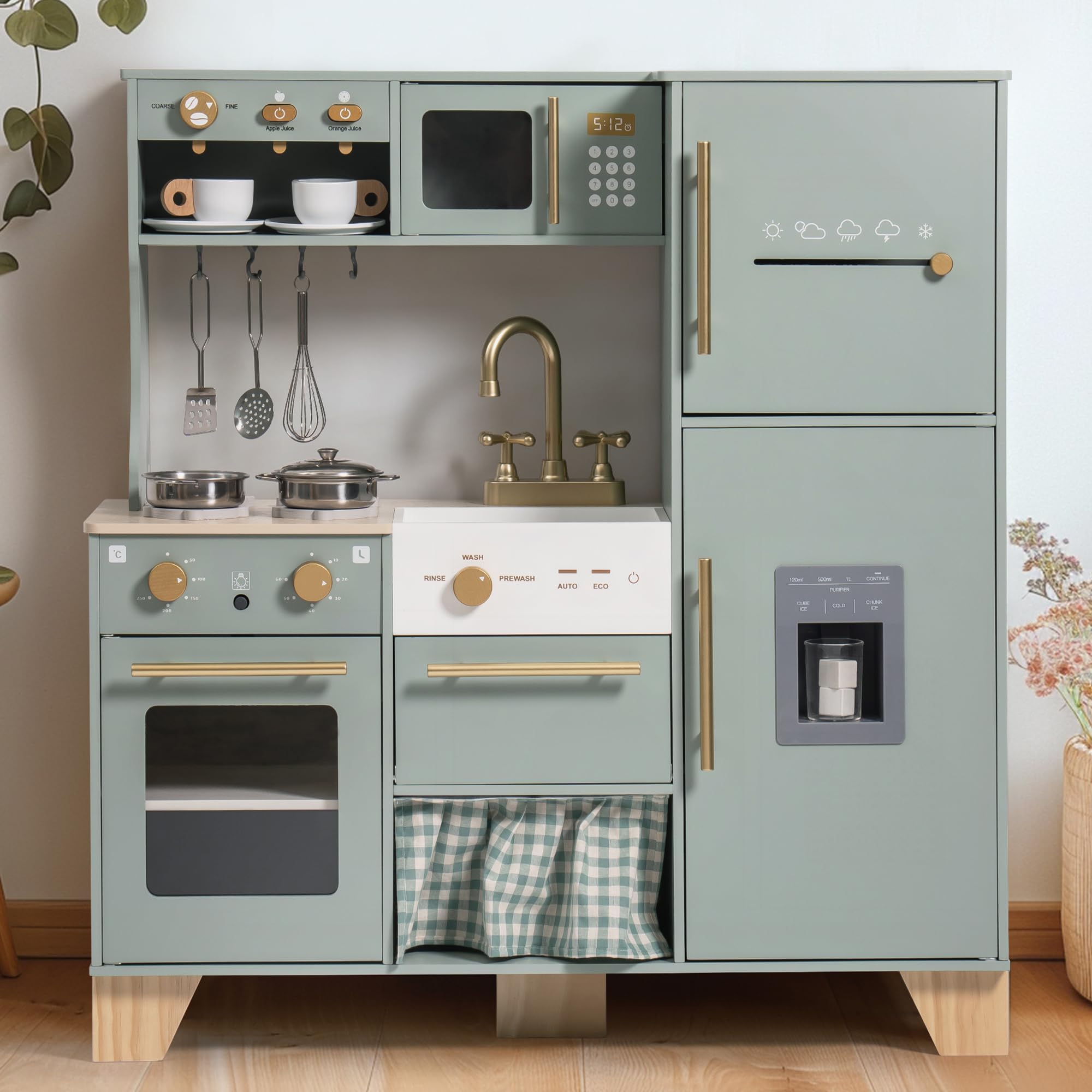 ROBUD Wooden Play Kitchen Set for Kids & Toddlers - Pretend Play Corner Kitchen with Fridge, Ice Maker, Coffee Machine, Juicer, Oven, Dishwasher & Microwave | Includes Play Utensils | Educational Toy Gift for Boys & Girls Ages 3+ | Perfect for Home, Preschool & Daycare Role Play Activities