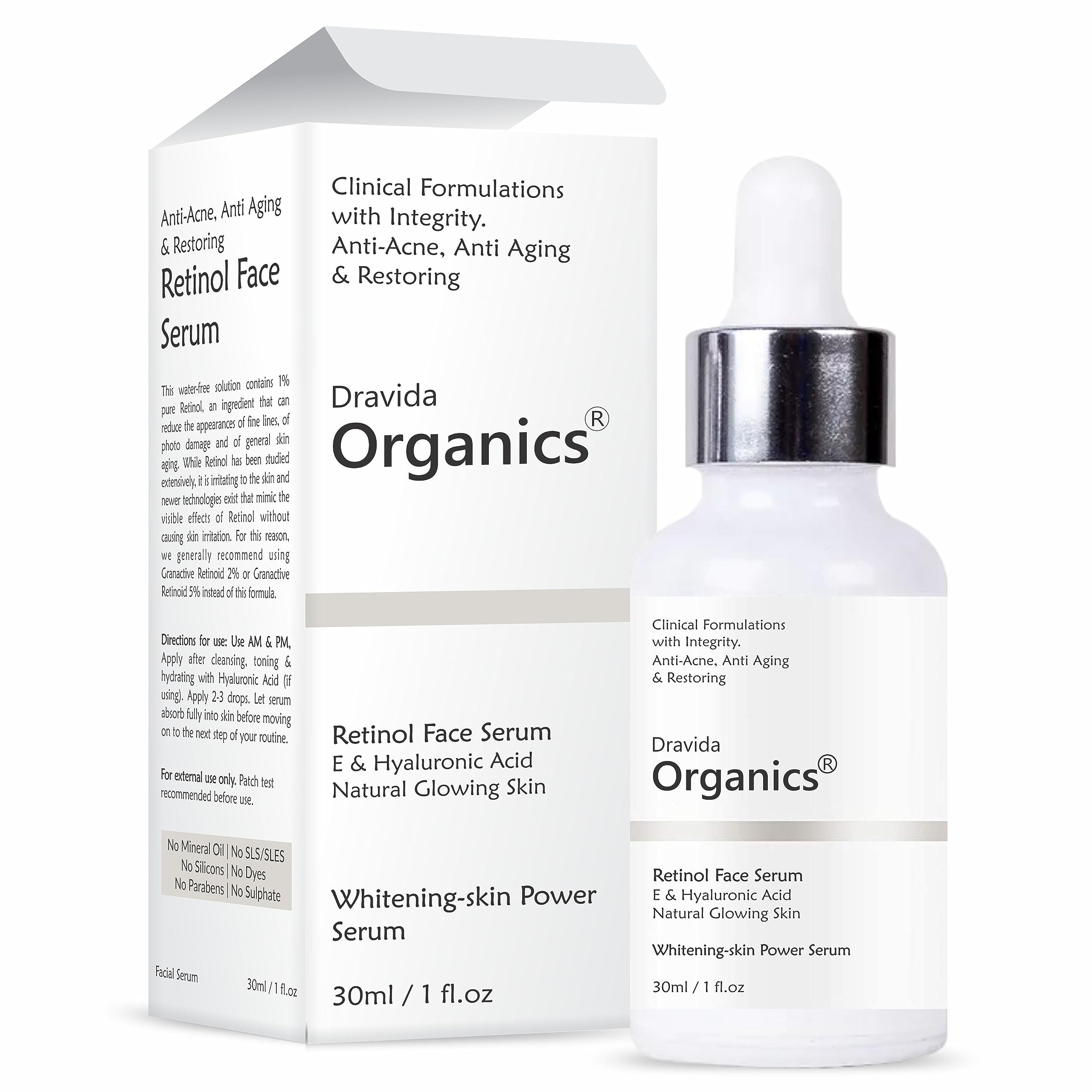 Dravida Organics Retinol Face Serum with Vitamin E & Hyaluronic Acid - 30ml Anti-Aging Moisturizer for Wrinkles, Fine Lines & Glowing Skin - Perfect for Night Skincare Routine & Daily Hydration