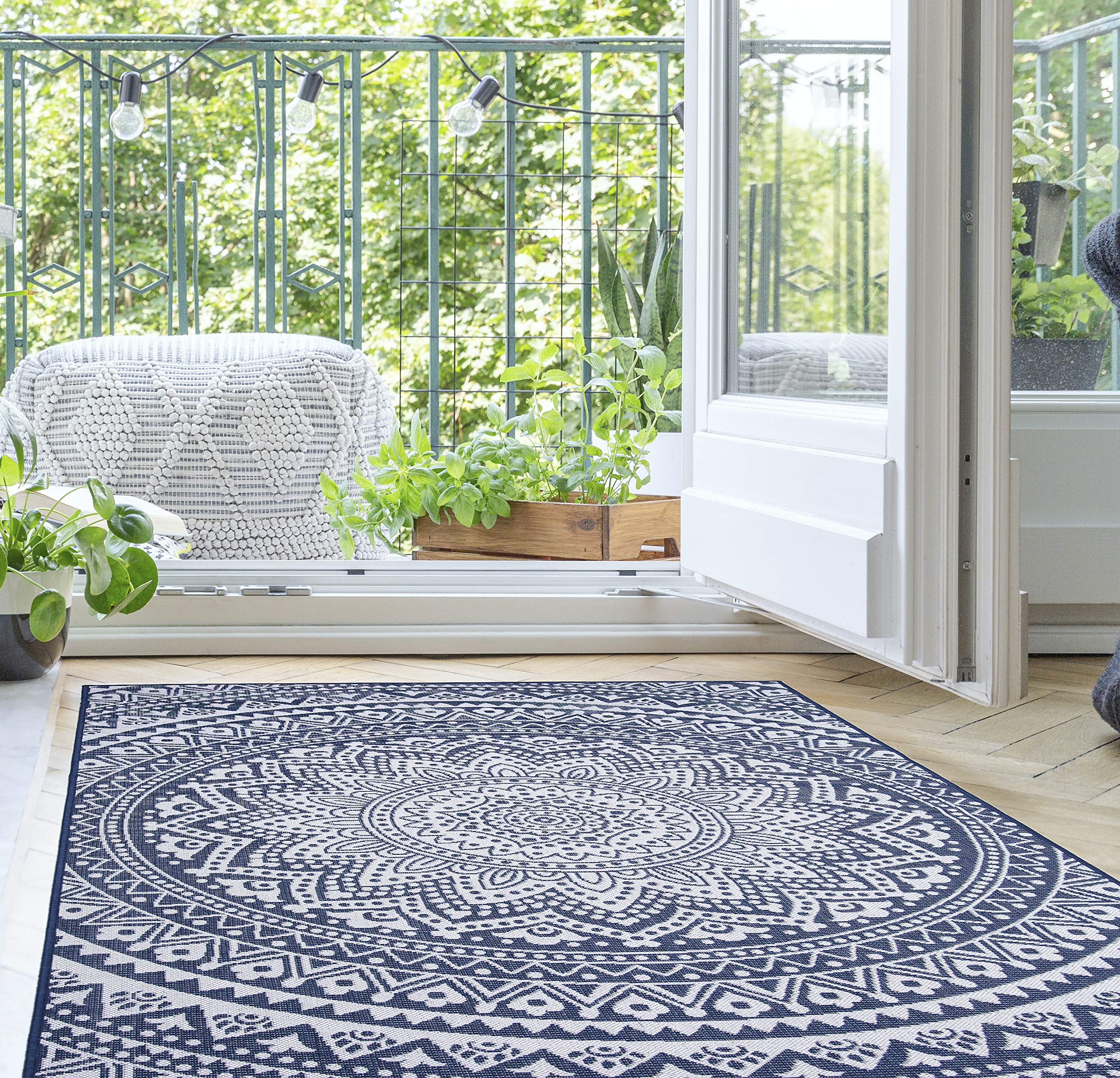 Mandala Design Hippie Area Rug - Stain Resistant, Washable & Waterproof Indoor Outdoor Rug for Patio, Balcony, Living Room, Kitchen, Bedroom - Perfect for Boho Decor, Yoga Space & Meditation Room (6.5'x9', Navy Blue)