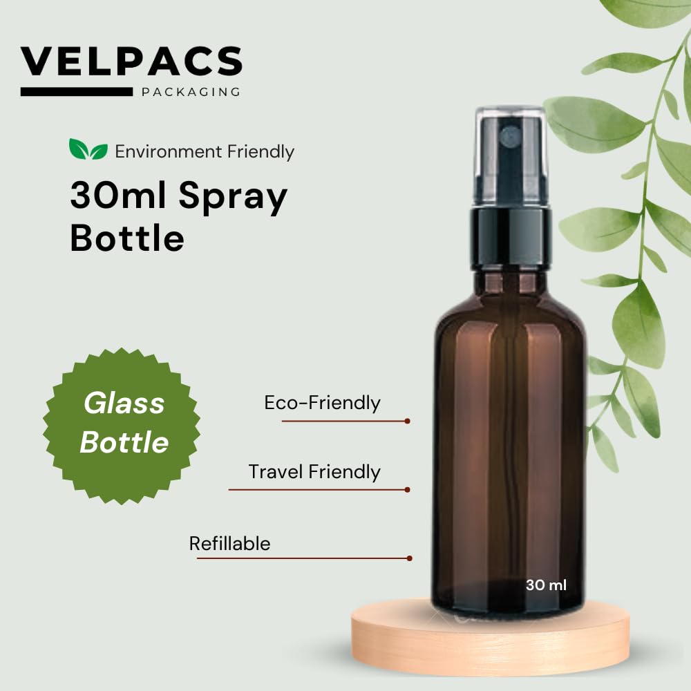 Velpacs 30ml Amber Glass Bottle with Premium Fine Mist Spray Pump - Refillable & Reusable Leak-Proof Bottles for Essential Oils, Aromatic Water, Facial Mists & DIY Beauty Blends (Pack of 6) | Perfect for Skincare, Aromatherapy & Travel Essentials
