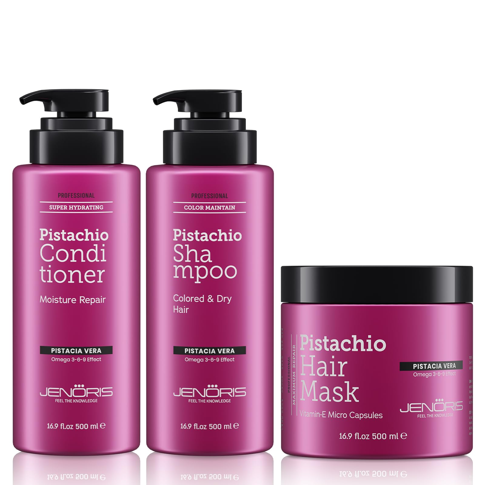 Jenoris Pistachio Shampoo, Conditioner & Hair Mask Set - Natural Hair Care for Dry Damaged Hair with Pistachio Oil & Vitamin E, Paraben & SLS Free, Salon-Quality Hydration & Repair - Perfect for Daily Use, Post-Color Treatment & Hair Recovery