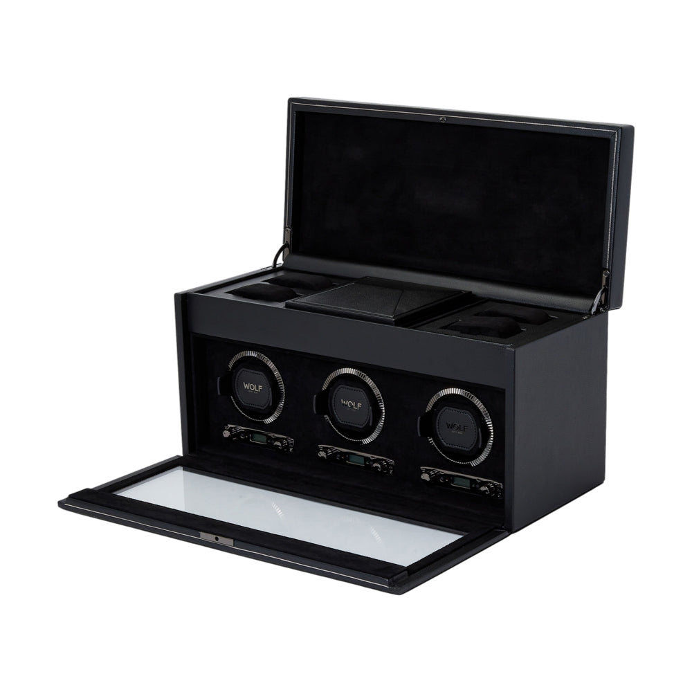 Premium British Racing Triple Watch Winder with Storage - Black | Automatic Watch Winder Box for Men | Perfect for Watch Collectors & Luxury Timepiece Display