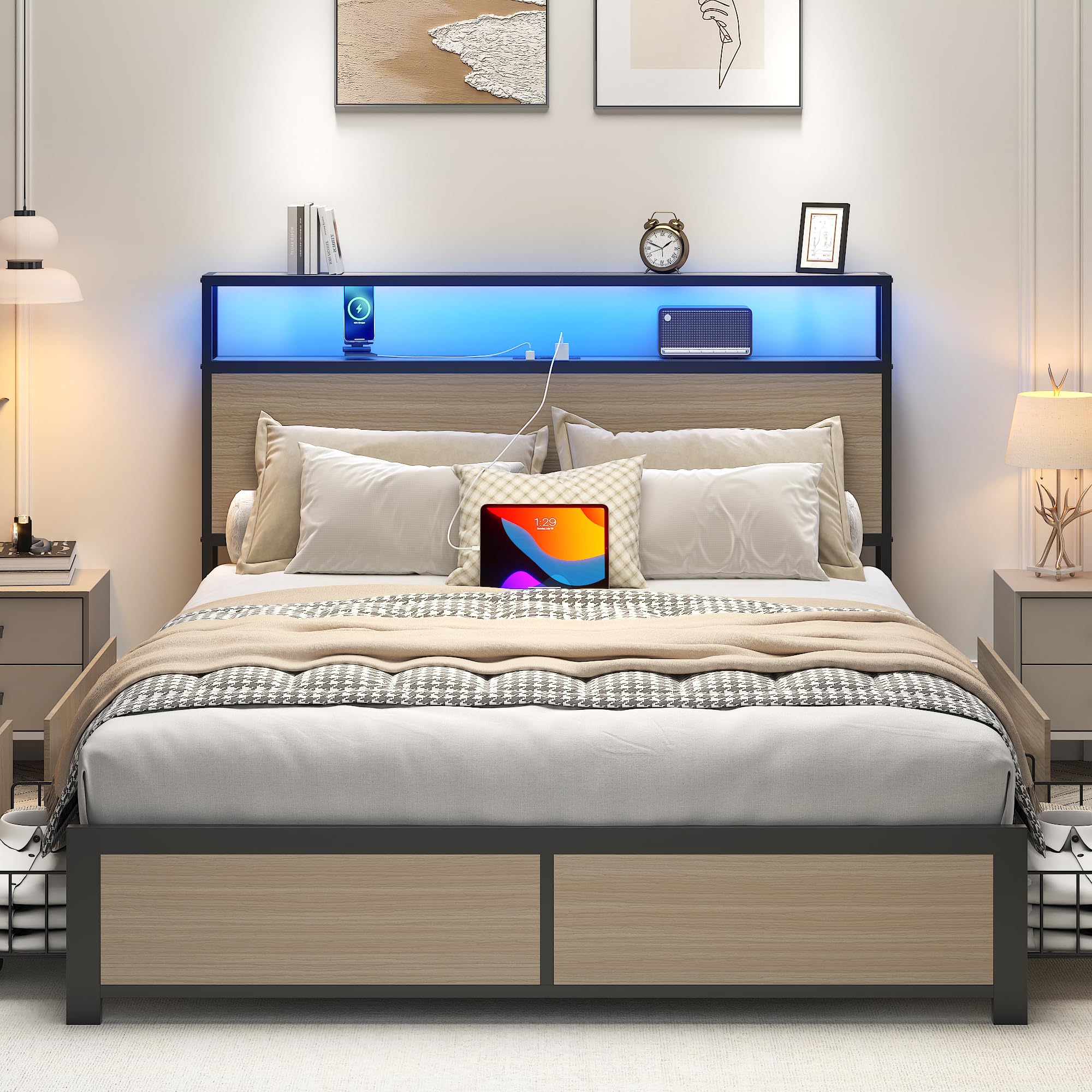 Full Bed Frame with Storage Headboard & Drawers, LED & Charging Station - Perfect for Small Bedrooms