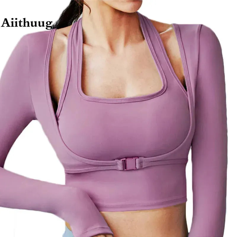 AIITHUUG Women's Long Sleeve Padded Yoga Shirt - Fake Two Piece Workout Top with Underbust Fastener for Gym, Fitness & Yoga | Sexy & Comfortable Activewear for Women