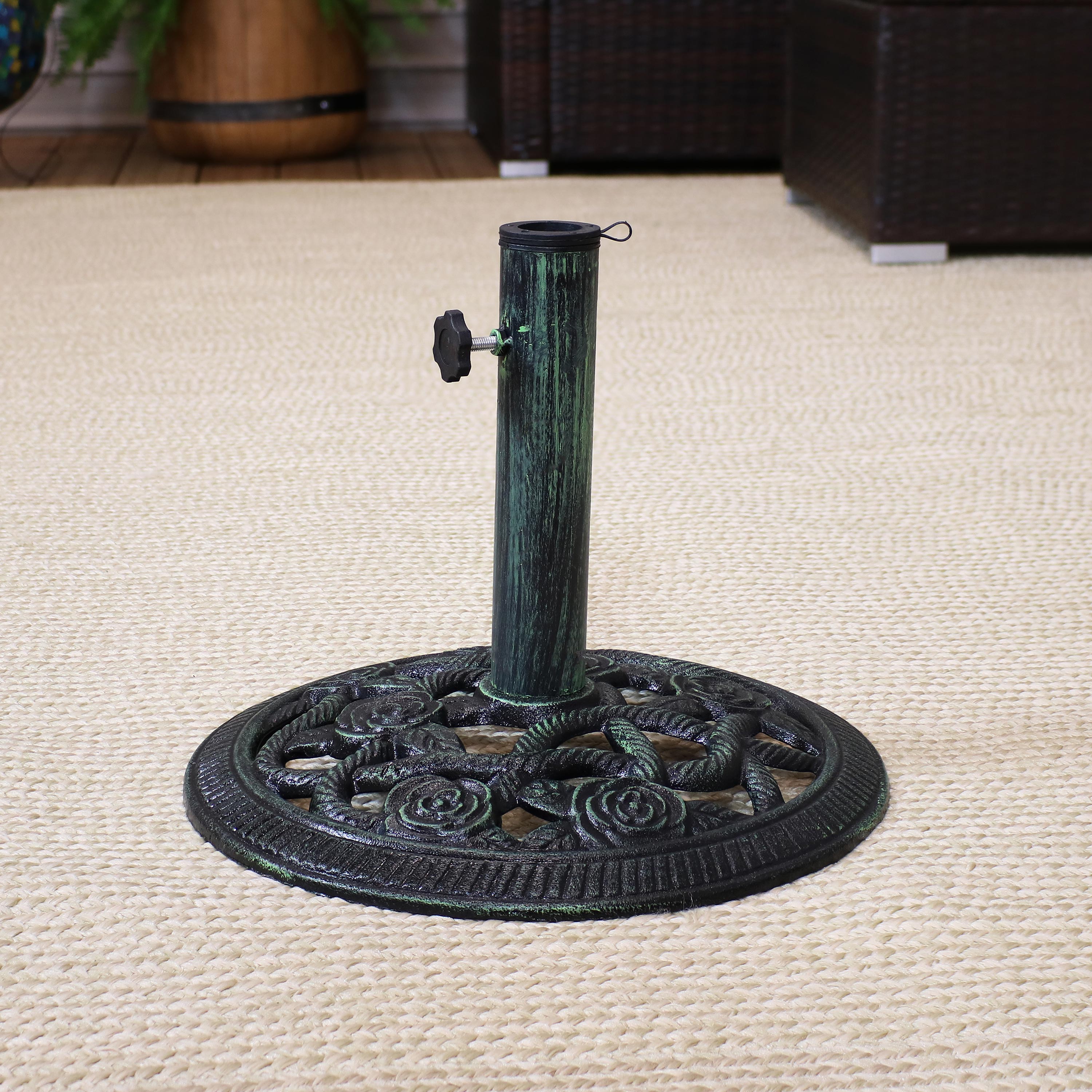 Sunnydaze Rose Blossom Cast Iron Patio Umbrella Base - 16 Inch Diameter, Heavy Duty Outdoor Umbrella Stand for Garden, Deck, Poolside & Backyard Use