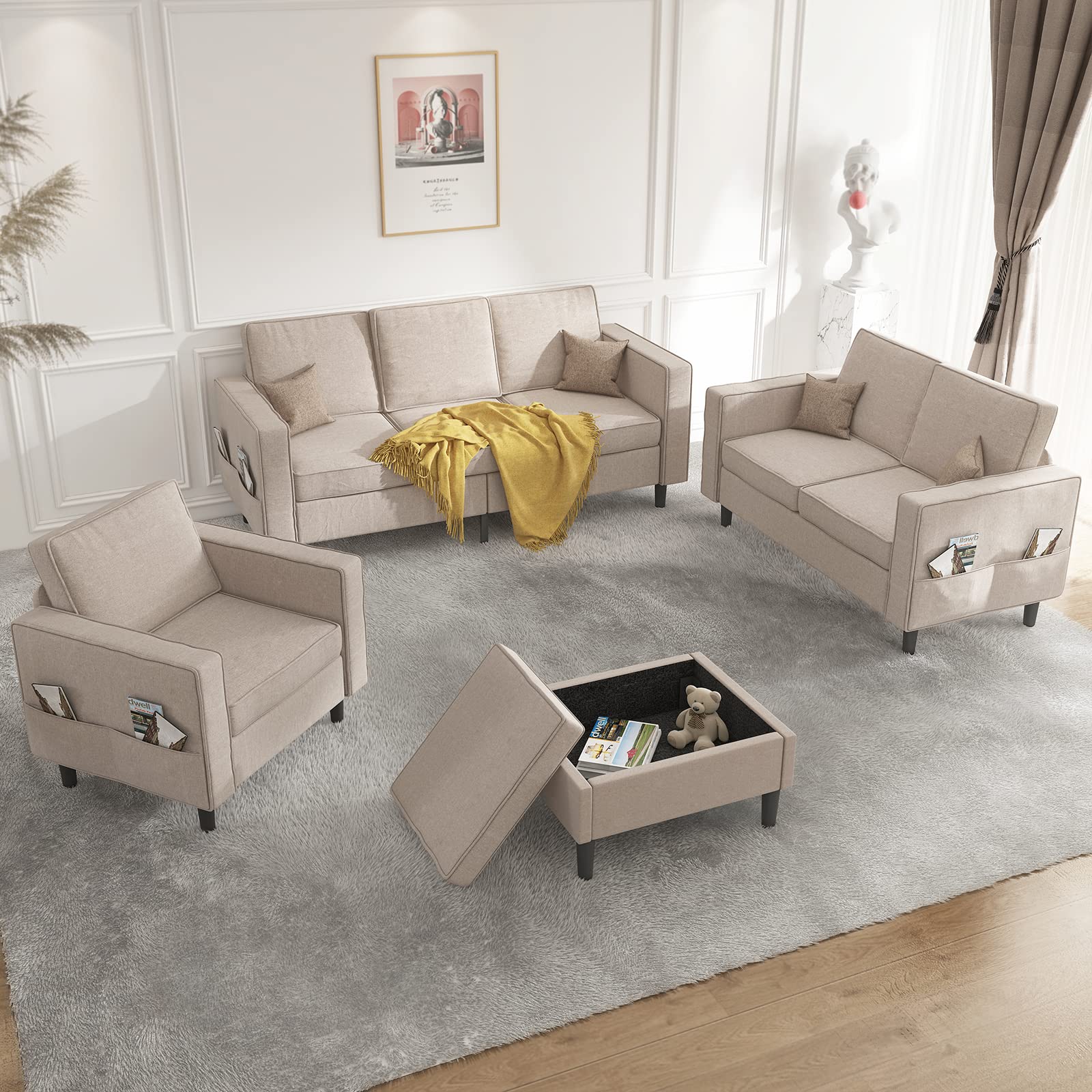 Mjkone 4-Piece Convertible Sectional Sofa Set with Storage Ottoman and Pockets - 3-Seater Sofa, Loveseat, Single Seat, and Ottoman in Beige - Perfect for Small Living Rooms, Apartments, and Family Gatherings