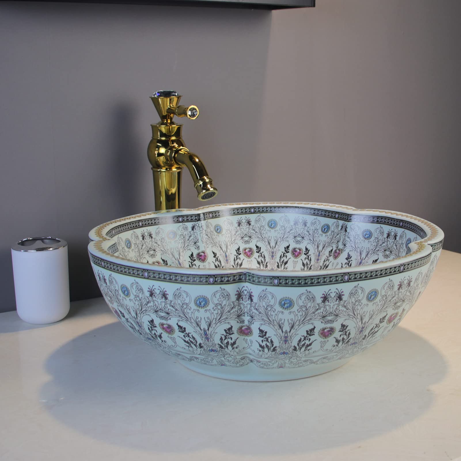 European Style Light Blue Floral Ceramic Vessel Sink - Above Counter Bathroom Vanity Top | Modern Farmhouse & Contemporary Bathroom Decor