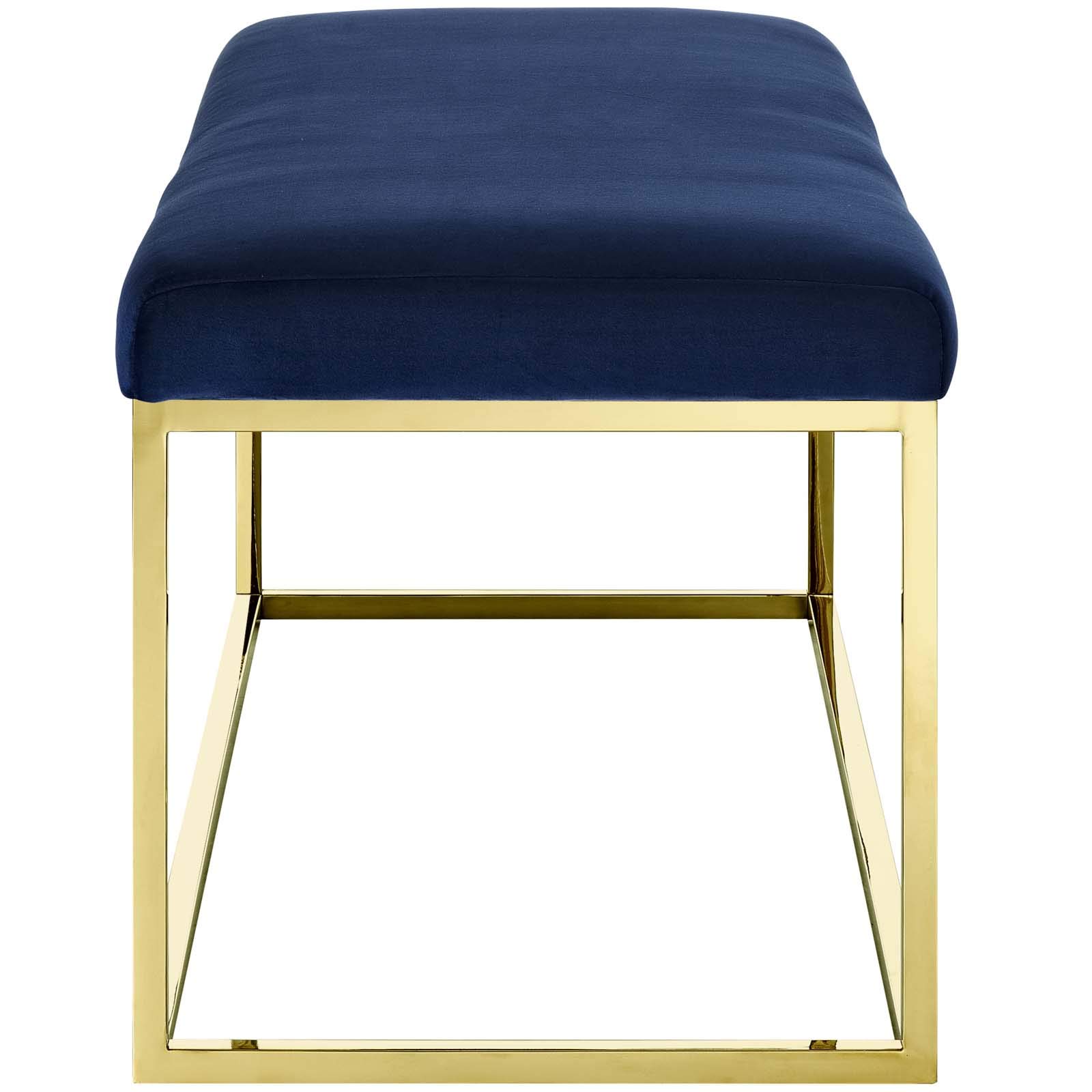 Modern Contemporary Accent Chair Bench with Velvet Fabric & Gold Metal Frame - Navy Blue Lounge Seating for Living Room, Bedroom, or Office Decor