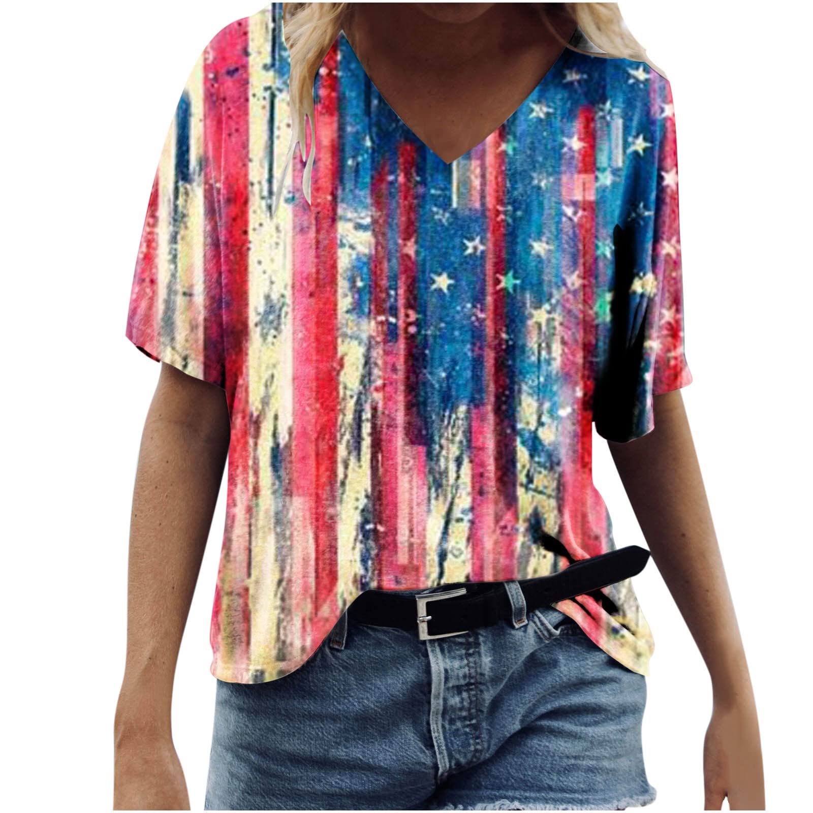 Ceimmol Women's 4th of July Patriotic T-Shirt - USA Flag Stars & Stripes Print V-Neck Short Sleeve Casual Top for Summer | Perfect for Independence Day Celebrations, BBQ Parties & Festive Outfits