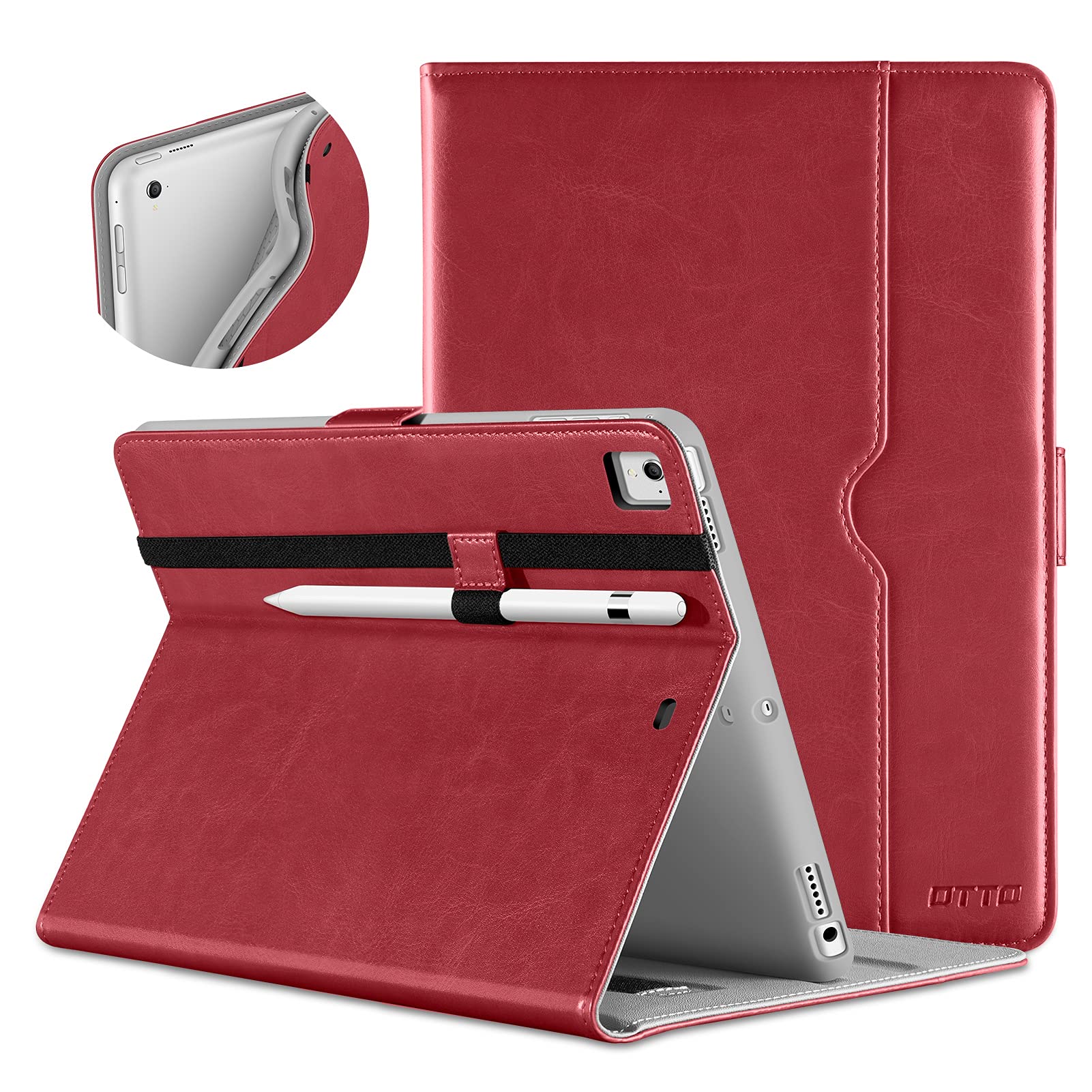 Premium Leather Folio Stand Cover Case with Apple Pencil Holder for iPad 9.7 Inch 5th/6th Gen (2018/2017) - Also Compatible with iPad Pro 9.7/Air 2/Air - Red - Perfect for Work, Study & Travel Protection