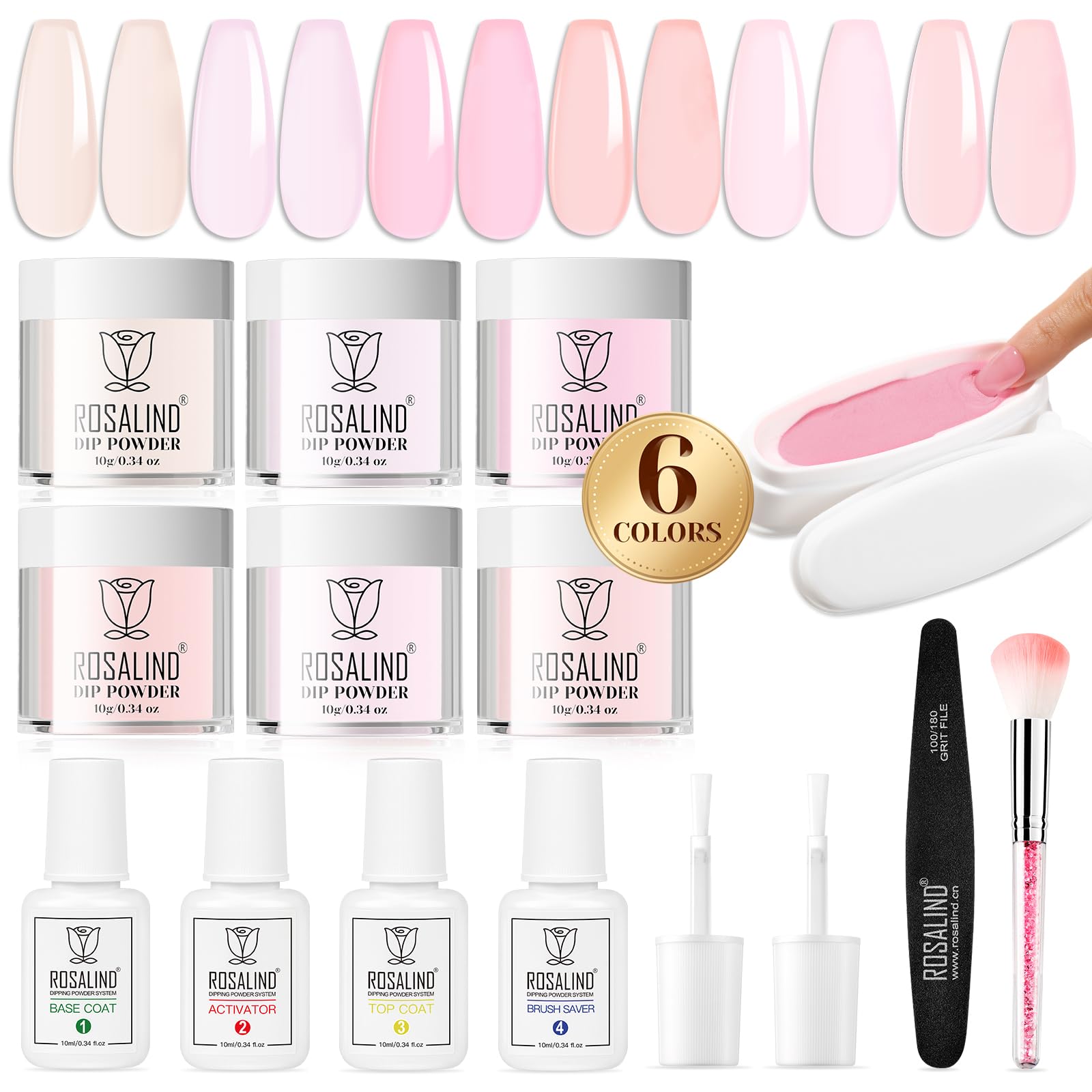 ROSALIND 13PCS Dip Powder Nail Kit - Summer Spring Clear Jelly Pink Translucent Dip Nails Powder Starter Kit with 6 Colors, Base Top Coat, Activator & Brush Saver | DIY Manicure at Home, Salon Quality Nails for Parties & Special Occasions