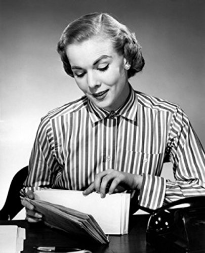 Vintage Woman Reading Letters at Desk - 18x24 Poster Print - Perfect for Home Office Decor & Vintage Lovers