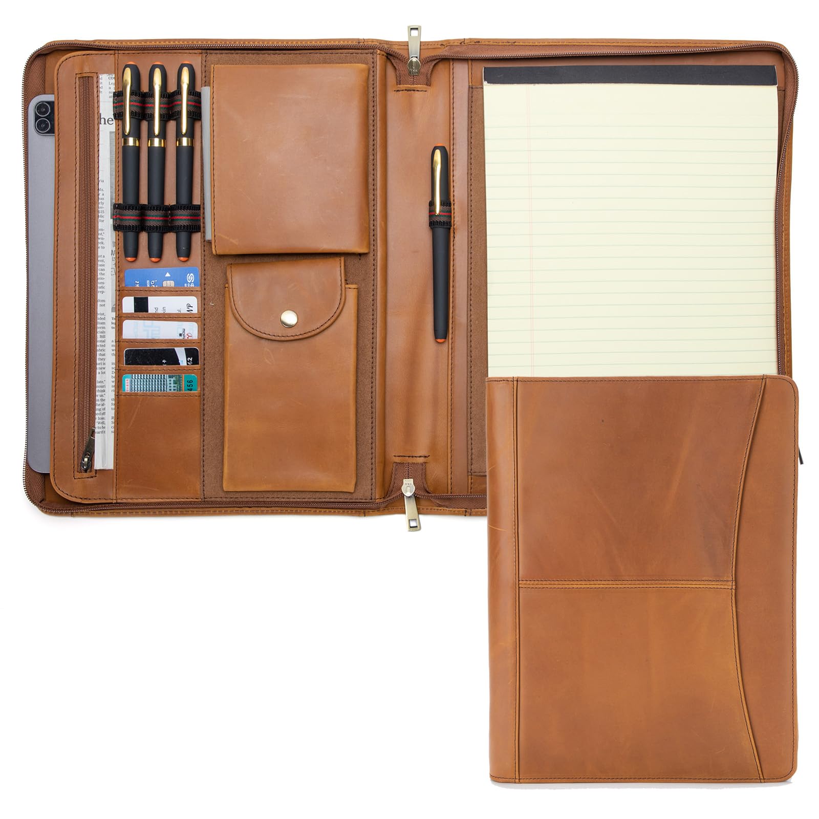 Premium Genuine Leather Portfolio with Zippered Front Pocket - Professional 8.5
