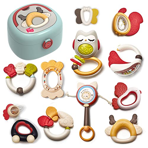 11-Piece Baby Rattle & Teething Toy Set for Newborns 0-6 Months - Soft Infant Toys with Storage Box | Perfect Baby Shower Gift & Early Learning Developmental Toys for 3-6 Month Old Babies | Safe Chew Toys for Soothing Sore Gums During Playtime & Travel
