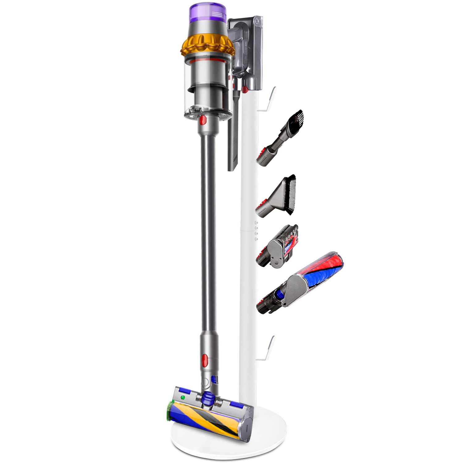 Freestanding Vacuum Stand Holder for Dyson V15 Detect, V11, V10, V8, V7, V6 Cordless Vacuums - Metal Floor Docking Station with 6 Hooks (White) | Wall Mount Organizer for Bedroom, Living Room & Garage Storage