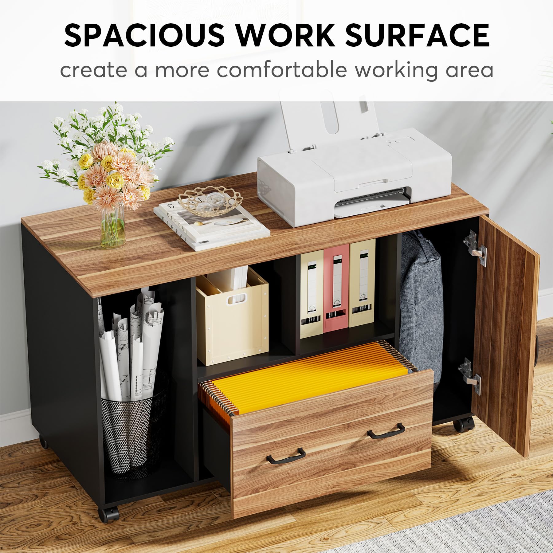 Little Tree Rolling File Cabinet with Drawer & Door - Mobile Storage Cabinet with Shelves & CPU Holder for Home Office, Living Room - Perfect for Organizing Documents, Office Supplies & Electronics
