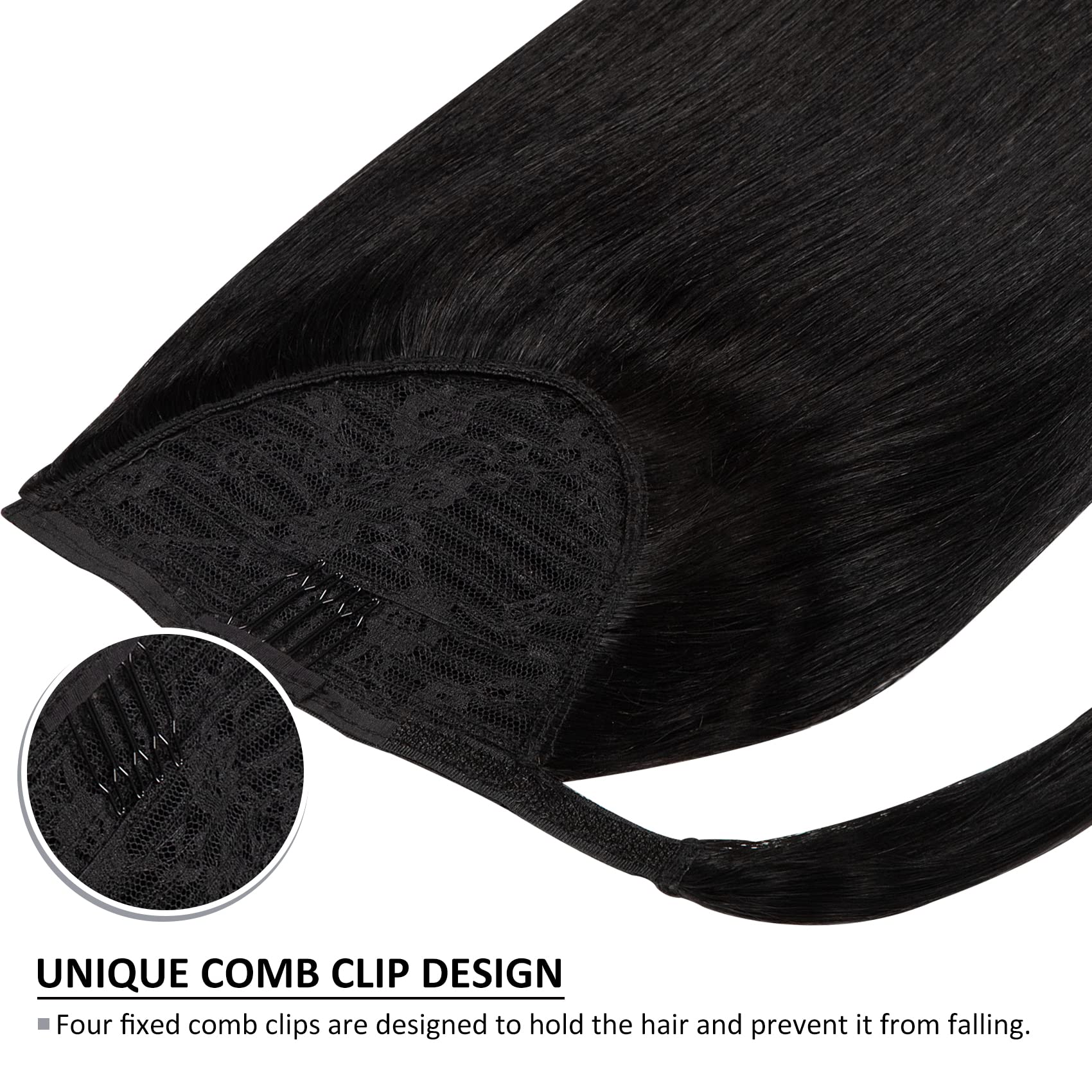 Caliee 100% Real Human Hair Extensions - 18Inch Jet Black Wrap Around Ponytail with Comb (80G) | Clip-in Hairpiece for Women | Perfect for Parties, Weddings & Daily Styling