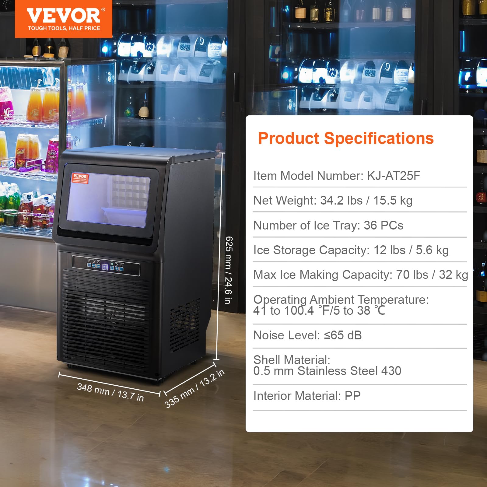 VEVOR Commercial Ice Maker Machine 70lbs/24H, Under Counter Ice Machine with 12lbs Storage - Makes 36 Ice Cubes in 12-15 Minutes for Home Bar, Office, Restaurant & Party Use