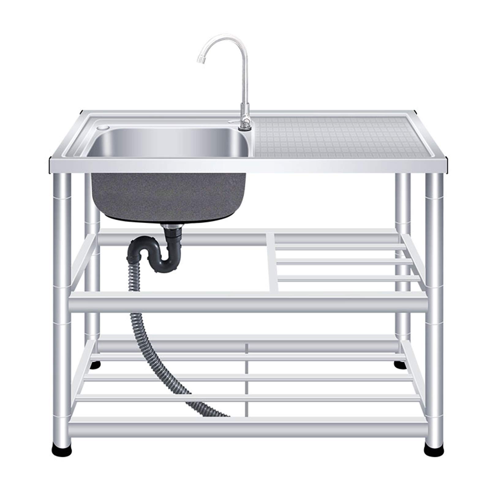 Premium NBSY Single Bowl Stainless Steel Kitchen Sink with Workbench & Storage Shelf - Includes Faucet, Angle Valve, Water Pipes (35.43