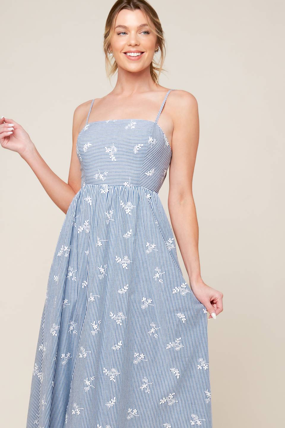 LAYTON EMBROIDERED MIDI DRESS - Blue Floral Summer Dress for Women, Perfect for Beach Vacation, Garden Party & Casual Outings