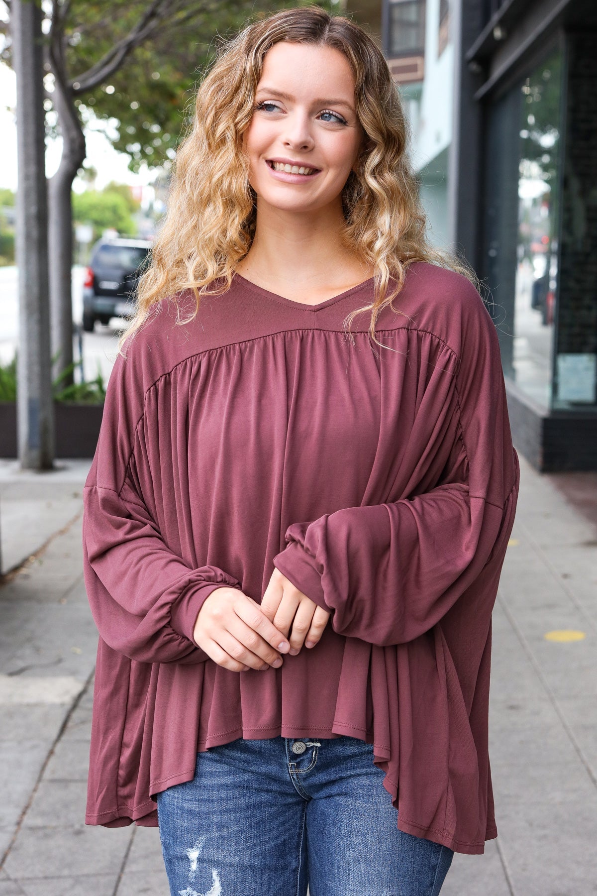Stylish Casual Wine V-Neck Yoke Modal Knit Oversized Top for Women | Comfortable Loose Fit Tunic Blouse for Everyday Wear, Work & Outings