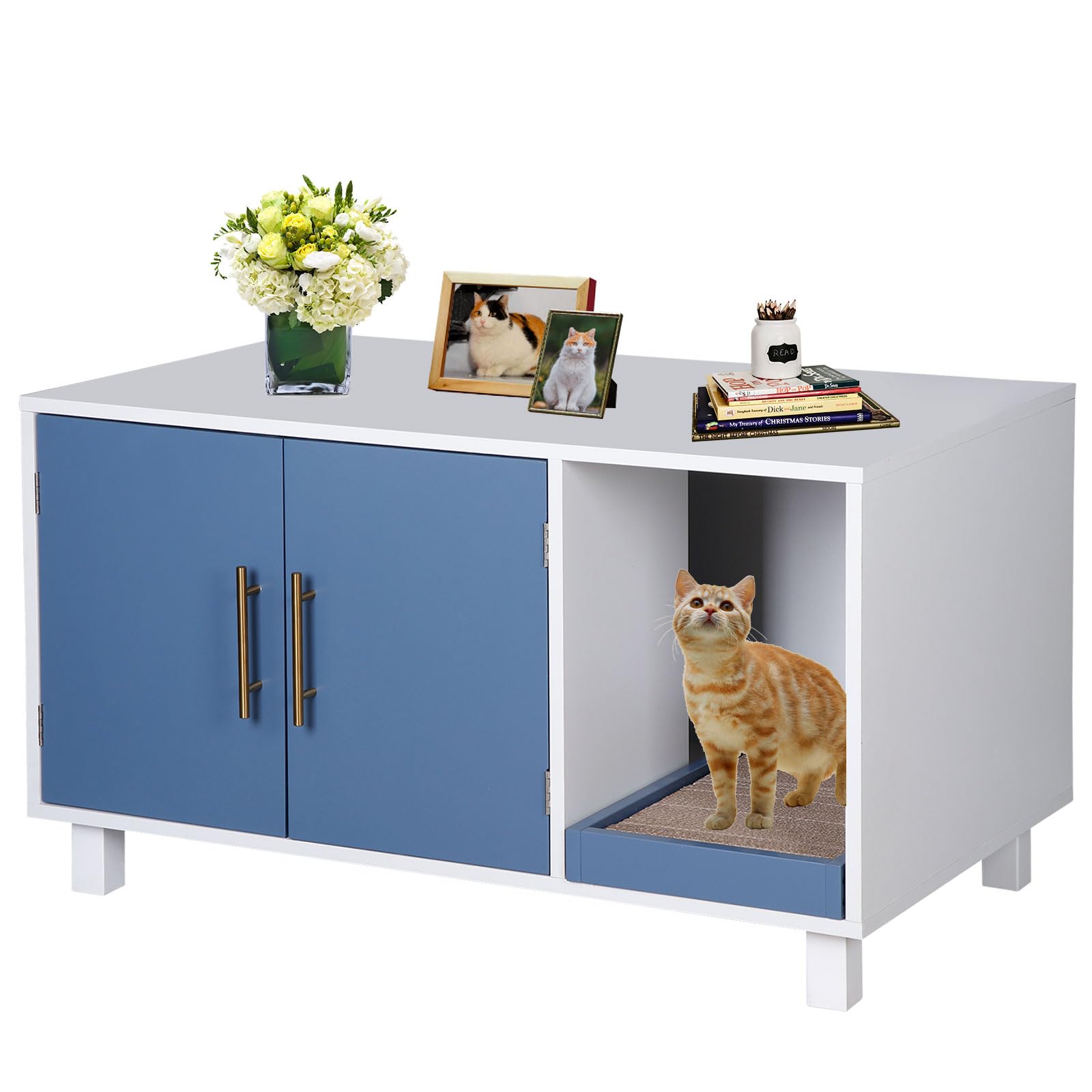 Modern Wood Cat Litter Box Enclosure - Hidden Cat House Furniture with Scratching Pad | Washable Pet Crate for Indoor Cats | Perfect for Small Spaces & Home Decor