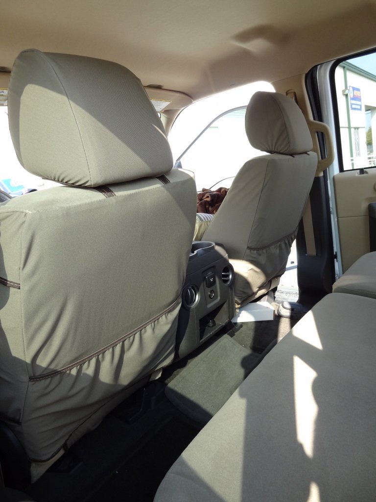 Premium Durafit Seat Covers for 2011-2015 Ford F250-F550 | Custom Fit Lariat & King Ranch Models | Front Bucket & 60/40 Rear Bench | Tan/Taupe Twill-Velour Fabric | Integrated Seat Belts | Perfect for Truck Enthusiasts & Off-Road Adventures