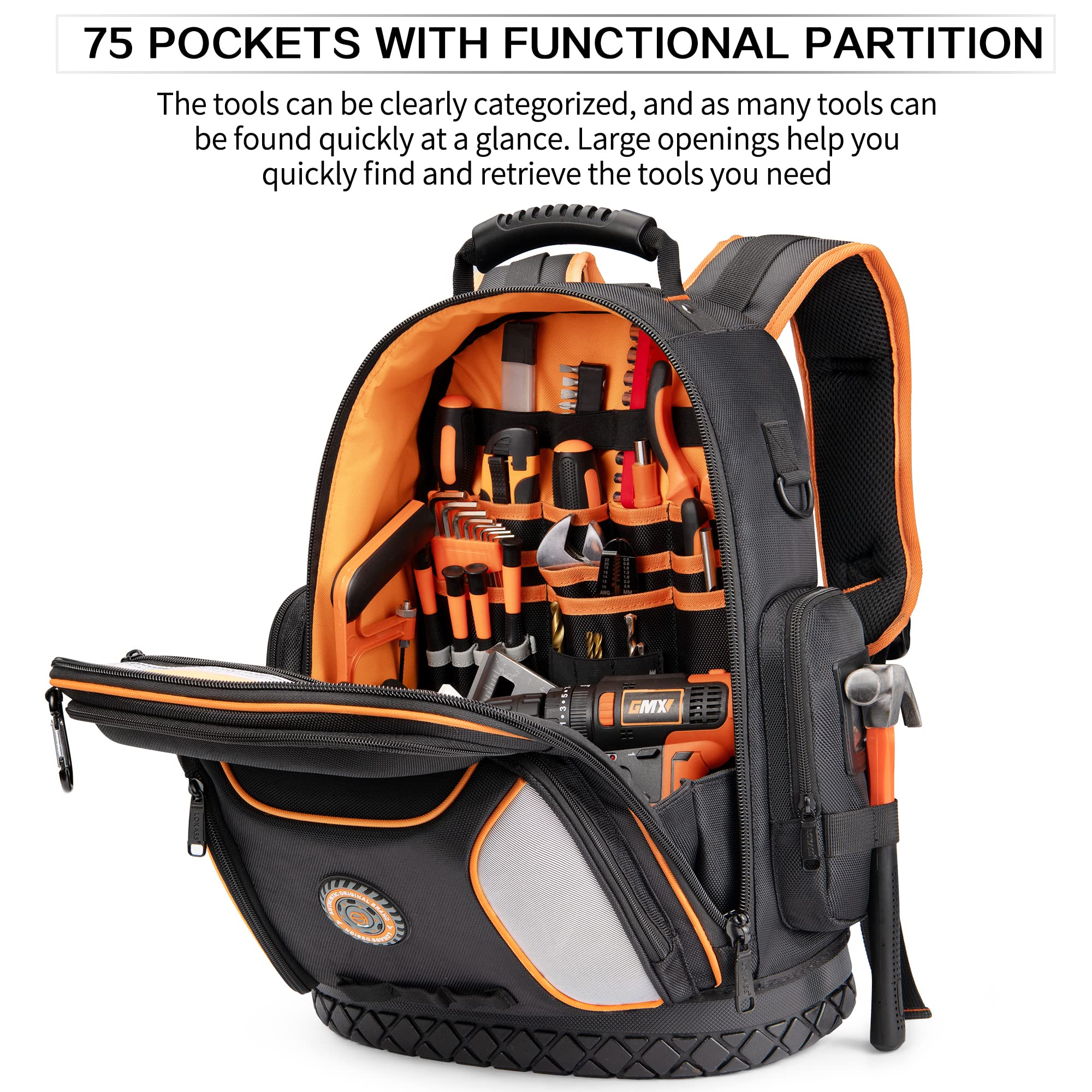 Heavy Duty Tool Bag Backpack - 75 Pockets & Loops for Electricians, HVAC & Construction Work | Large Black & Orange Organizer with Molded Base & Combination Lock | Perfect for Job Sites, Home Repairs & Professional Tool Storage