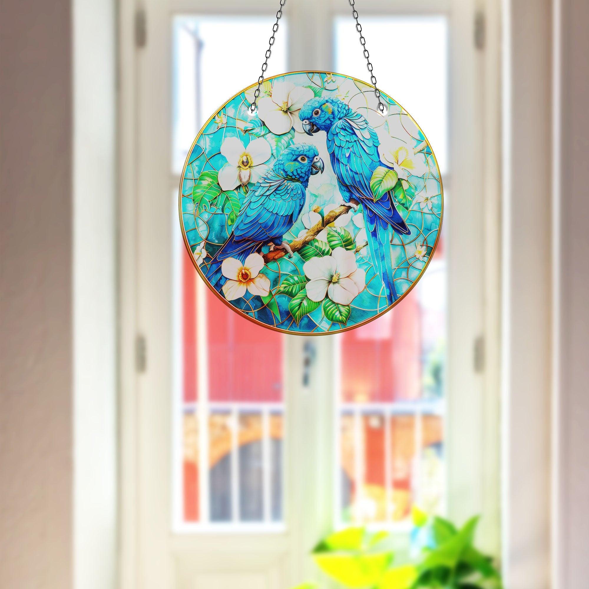 Blue Birds and Flowers Suncatcher - Stained Glass Window Decor for Home, Garden, or Office - Perfect for Adding Color to Windows, Patios, and Indoor Spaces