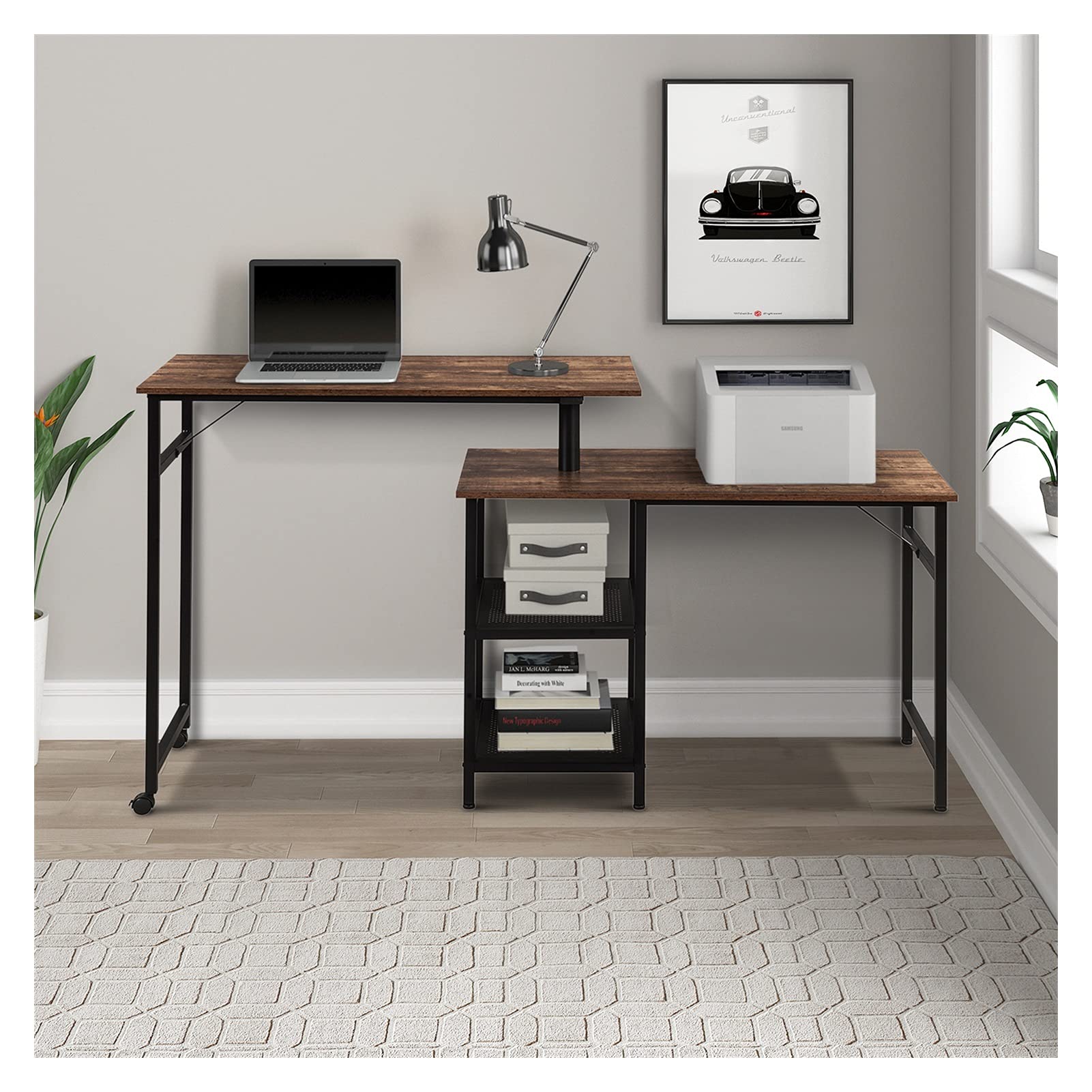 WHNB L-Shaped Rotating Standing Desk for Home Office & Gaming, 360° Adjustable Corner Computer Desk with Storage Shelf - Space Saving, Easy to Assemble (Brown) | Perfect for Small Spaces, Remote Work & PC Gaming Setup