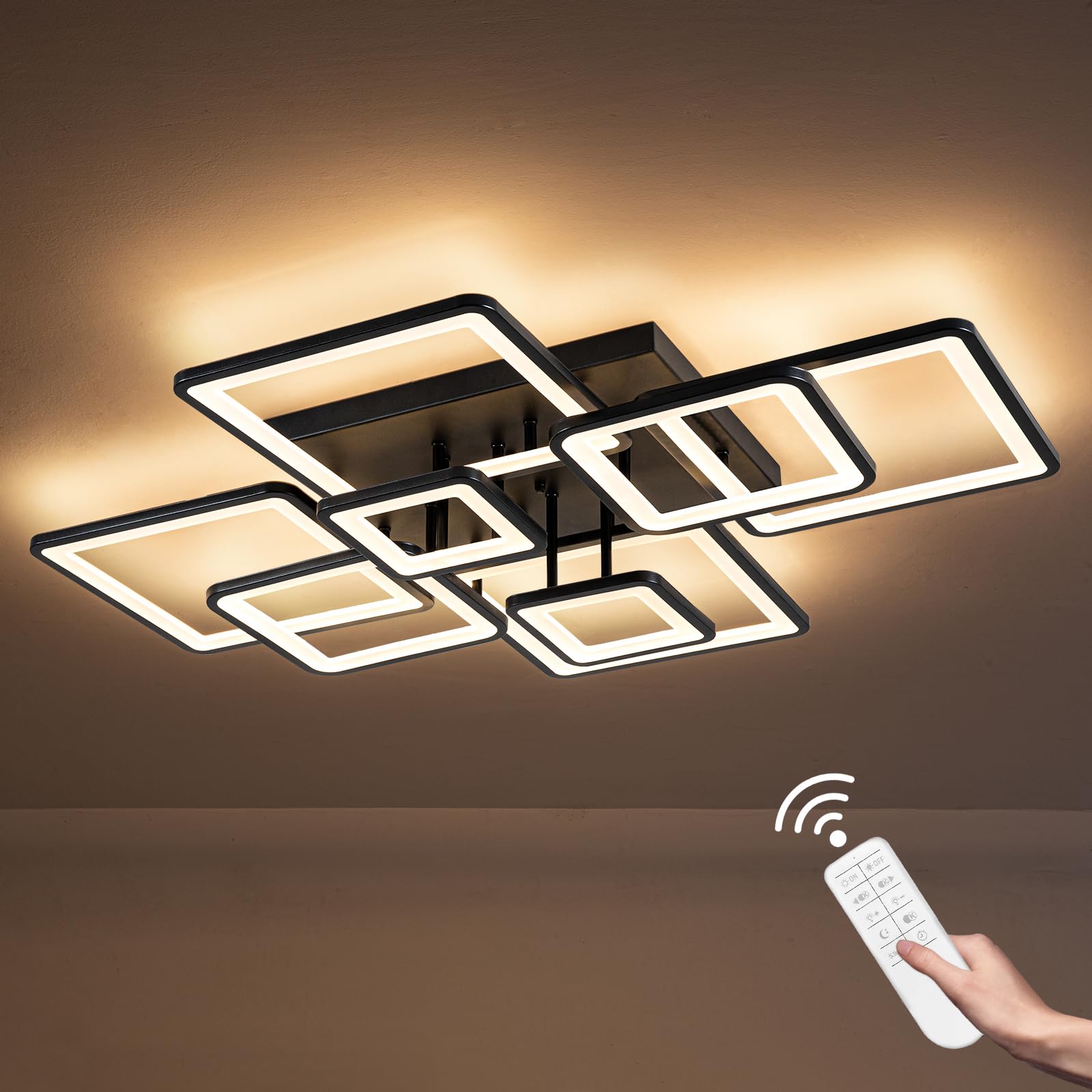 Modern Dimmable LED Ceiling Light with Remote Control - Black Flush Mount Chandelier, Acrylic Ring Fixture for Living Room, Dining Room, Bedroom - Energy Efficient Lighting Solution for Home Decor (8H-FANG-BL-04) | Perfect for Modern Interiors, Apartments and Office Spaces