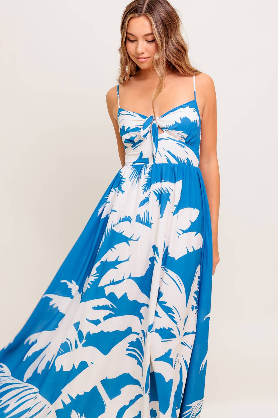 KAIA Blue Palm Print Maxi Dress - Flowy Summer Beach Dress for Women, Perfect for Vacations, Parties & Casual Outings