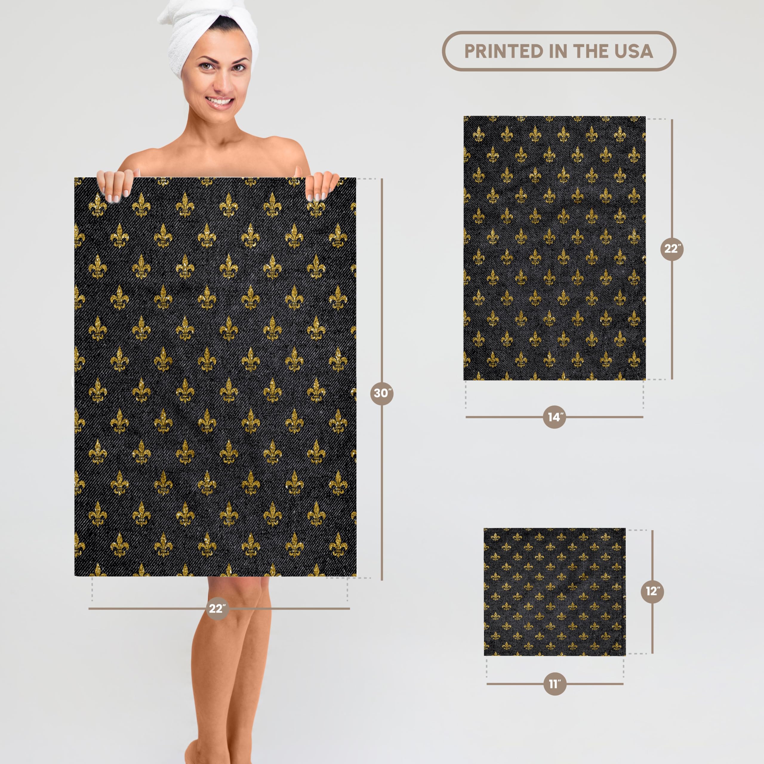 3D Rose 11x12 Inch Wash Cloth for Face and Body - Digital Gold Fleur De Lis on Denim Background | Soft Bath Towel for Spa, Gym & Travel | Premium Cotton Face Towel for Skincare & Makeup Removal