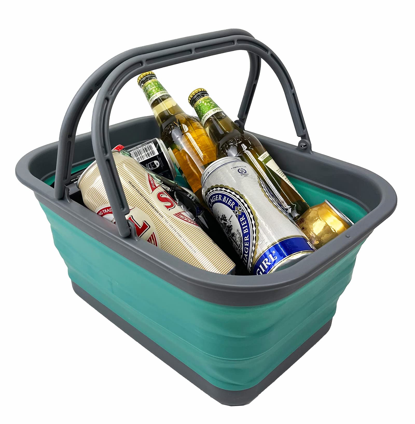 SAMMART 12L (3.17 Gallon) Collapsible Storage Tub with Handle - Foldable Portable Dish Washing Container for Camping, Picnic, Travel & Home Use - Outdoor Organizer Basket for Kitchen, Laundry & Car Storage (Grey/Turquoise Blue)